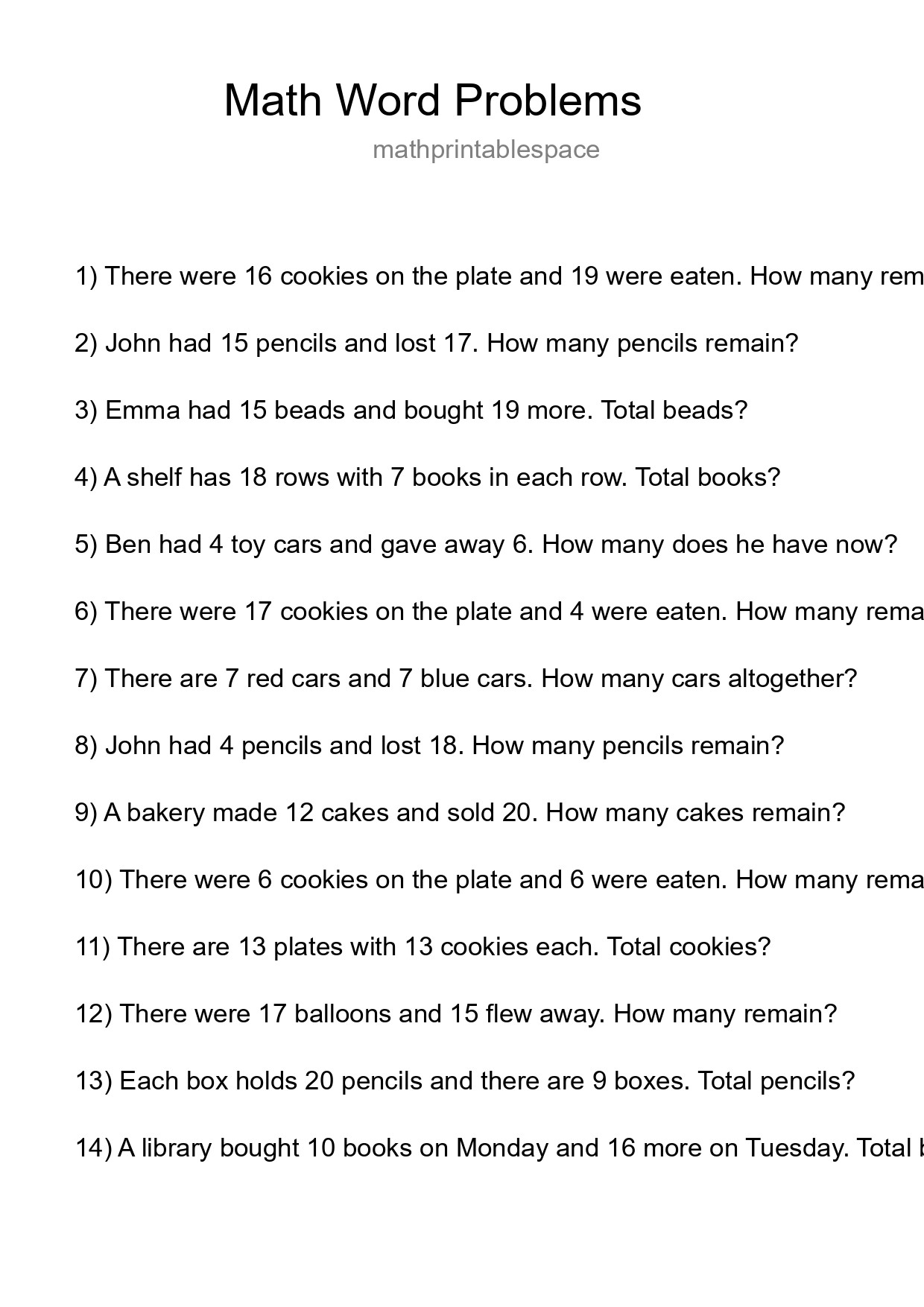 Math Word Problem Worksheet