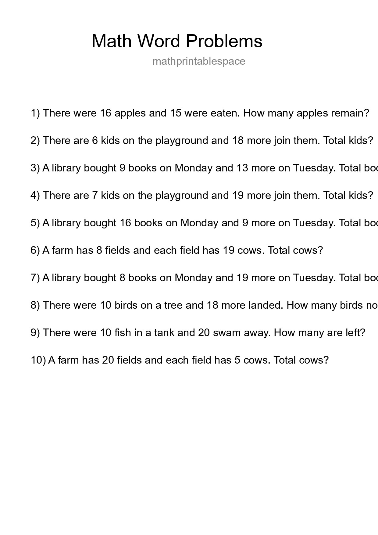 Math Word Problem Worksheet