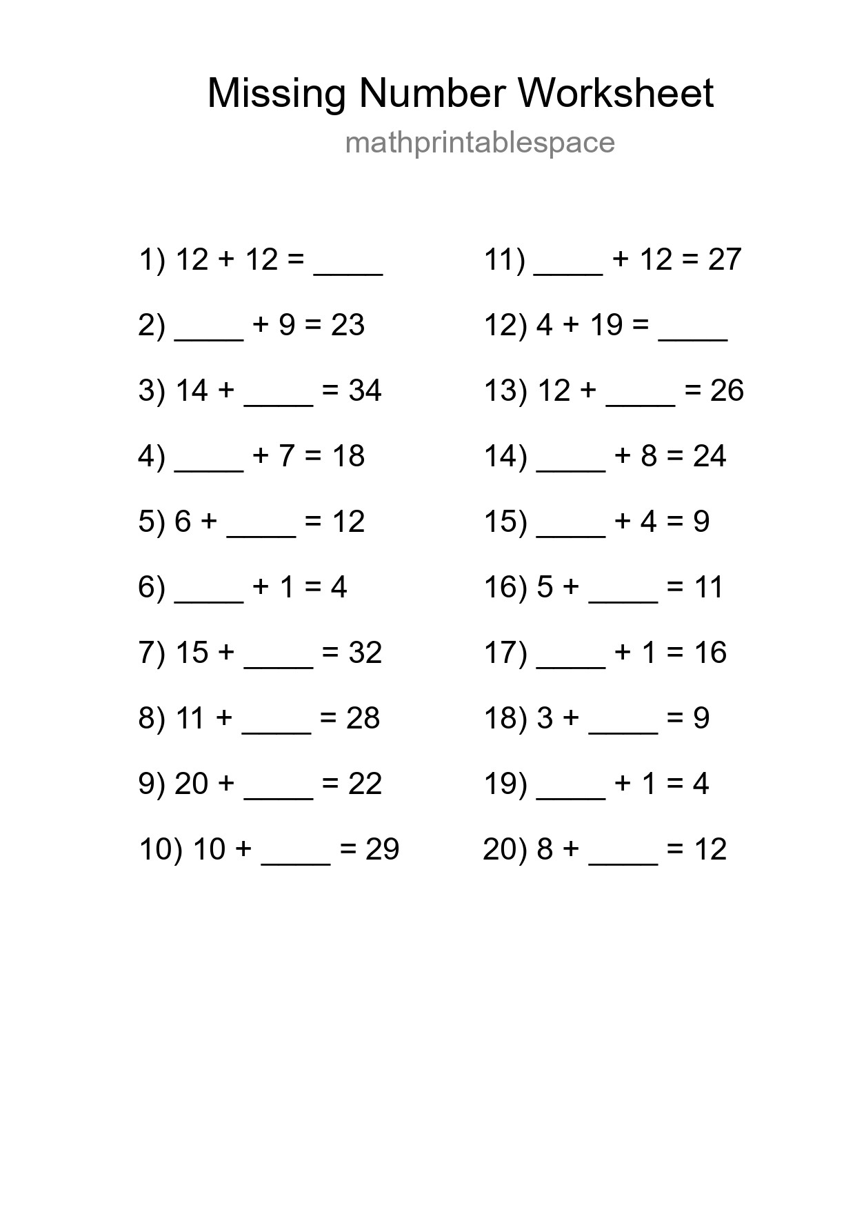 Missing Number Math Worksheet