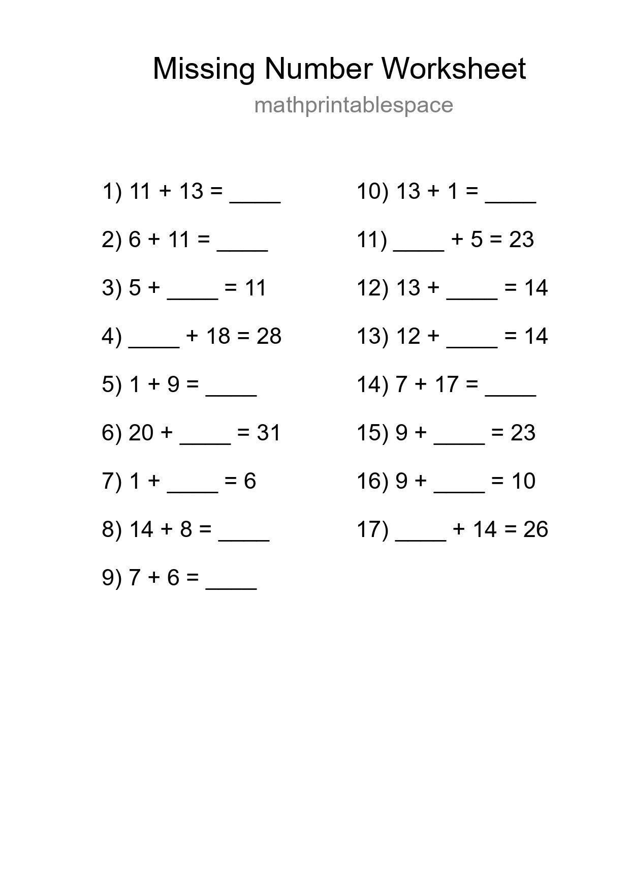 Missing Number Math Worksheet