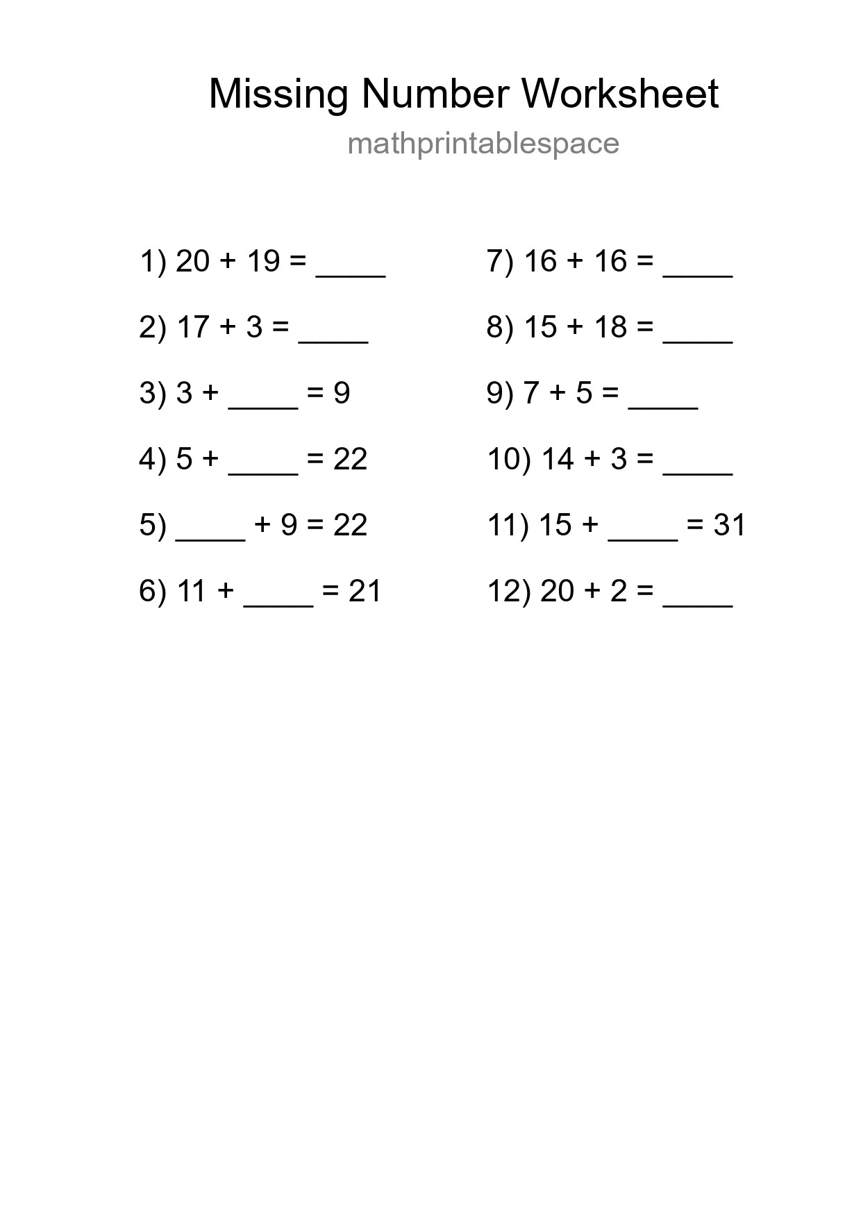Missing Number Math Worksheet
