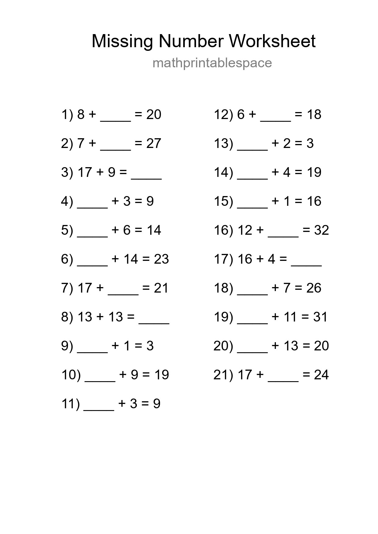 Missing Number Math Worksheet