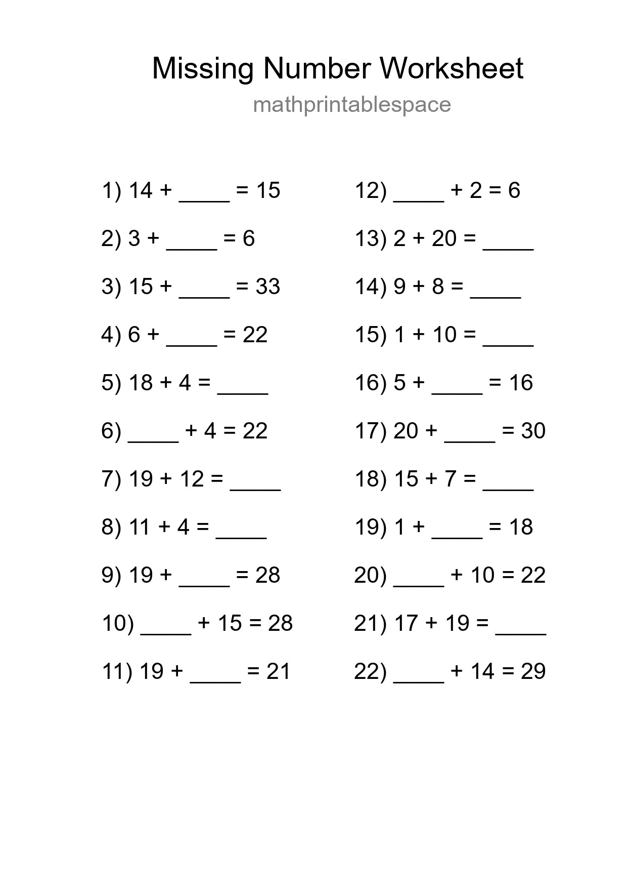 Missing Number Math Worksheet