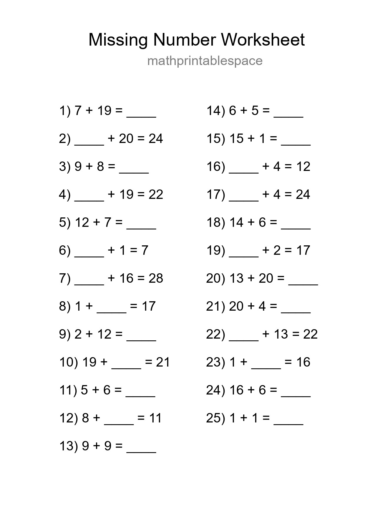 Missing Number Math Worksheet