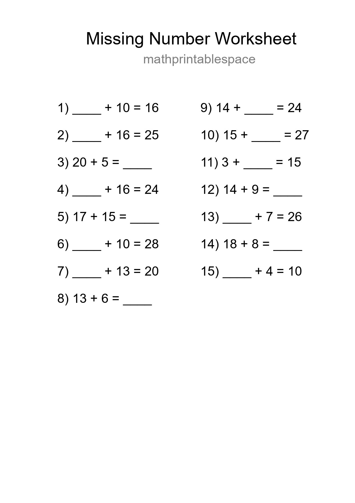 Missing Number Math Worksheet
