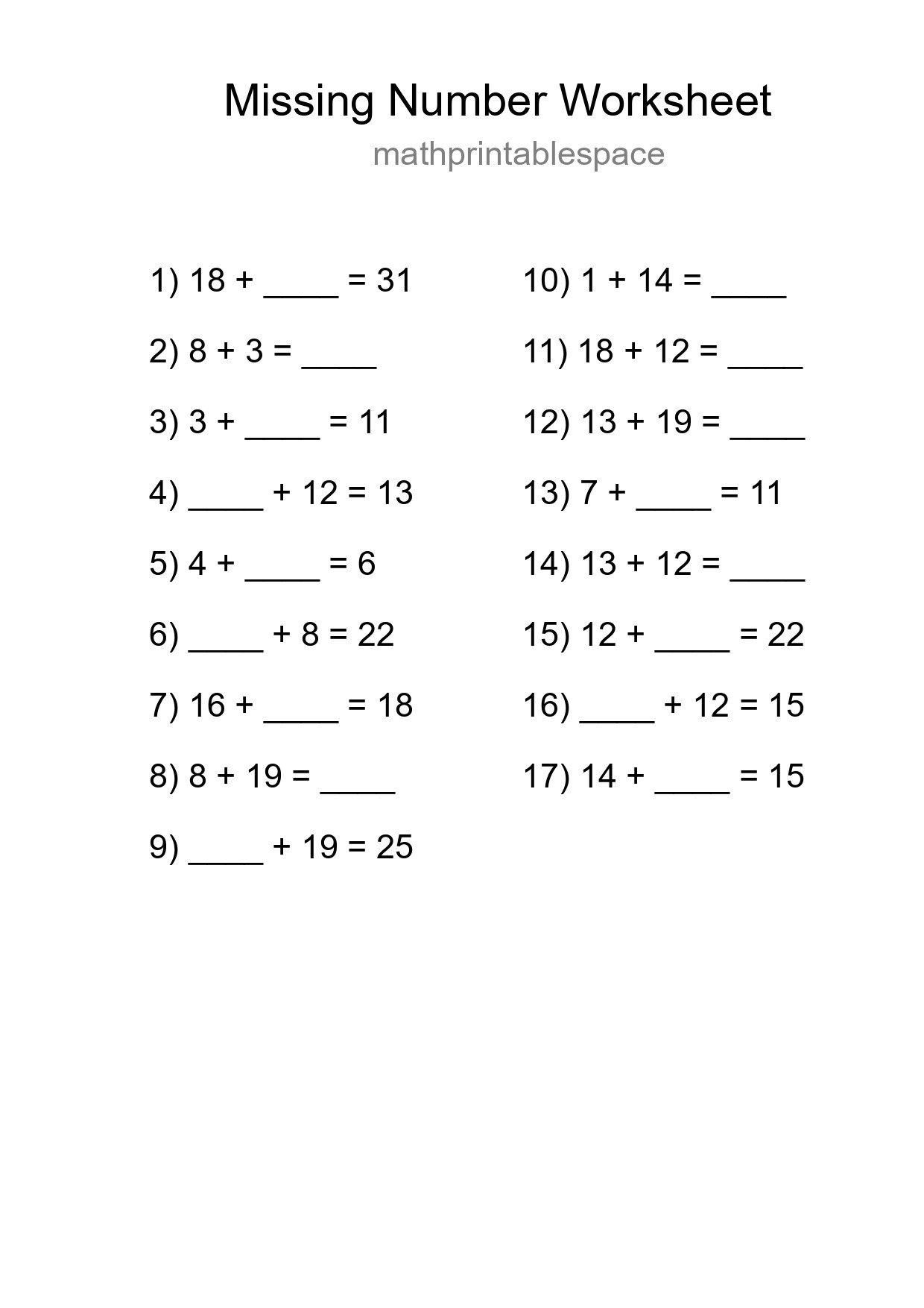 Missing Number Math Worksheet