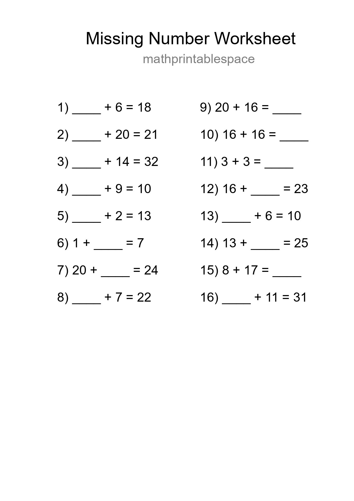 Missing Number Math Worksheet