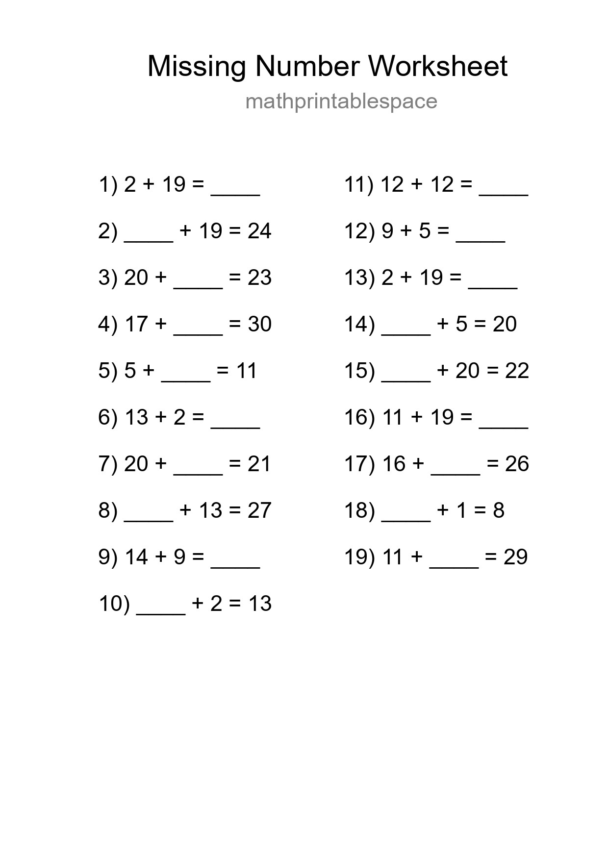 Missing Number Math Worksheet