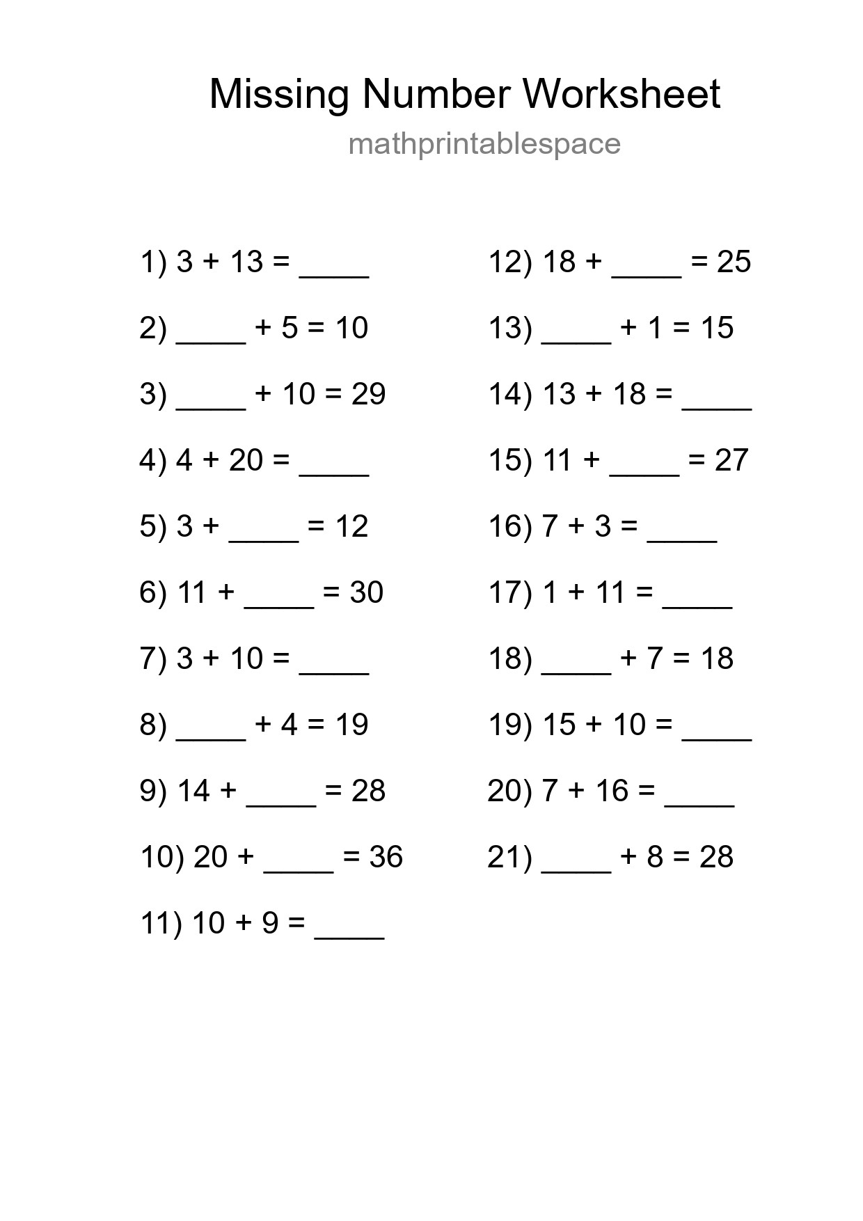 Missing Number Math Worksheet