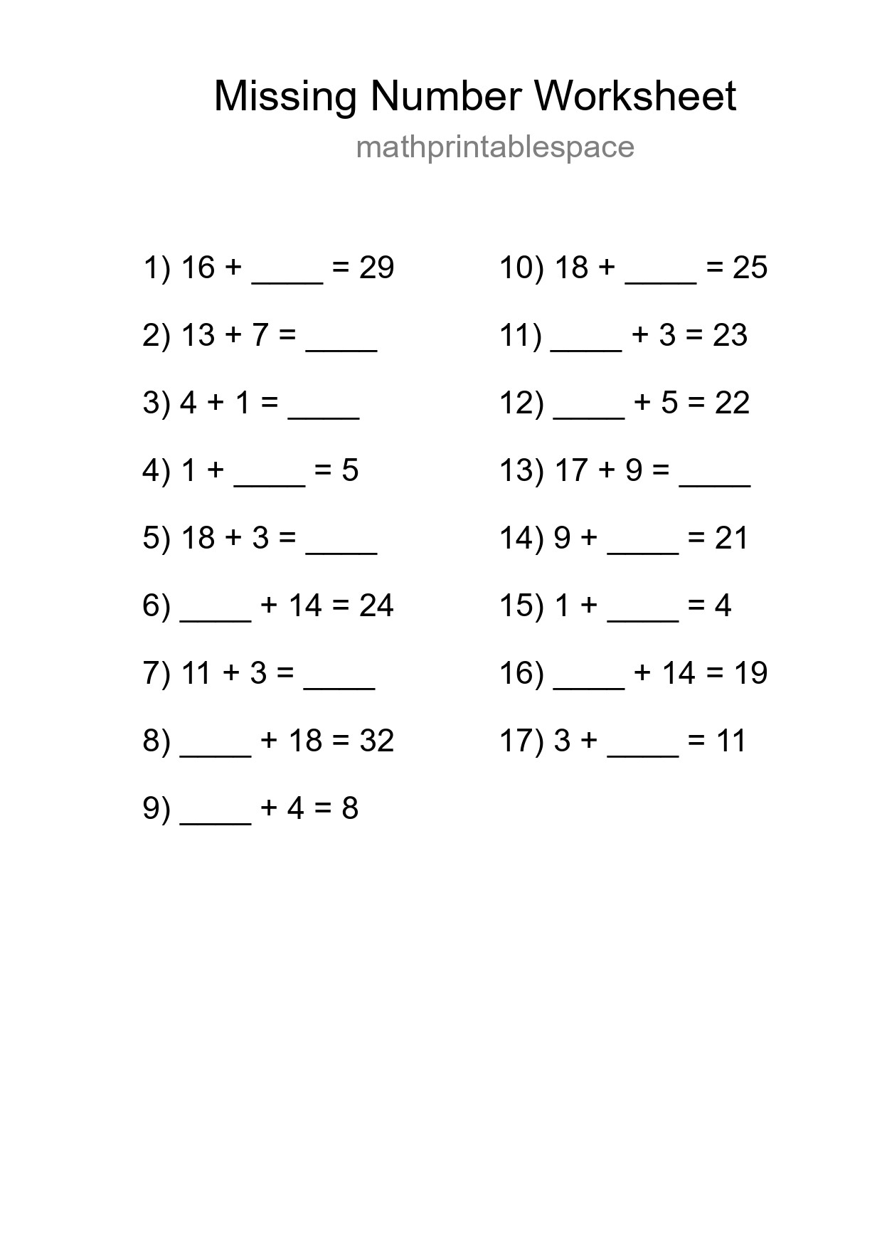 Missing Number Math Worksheet