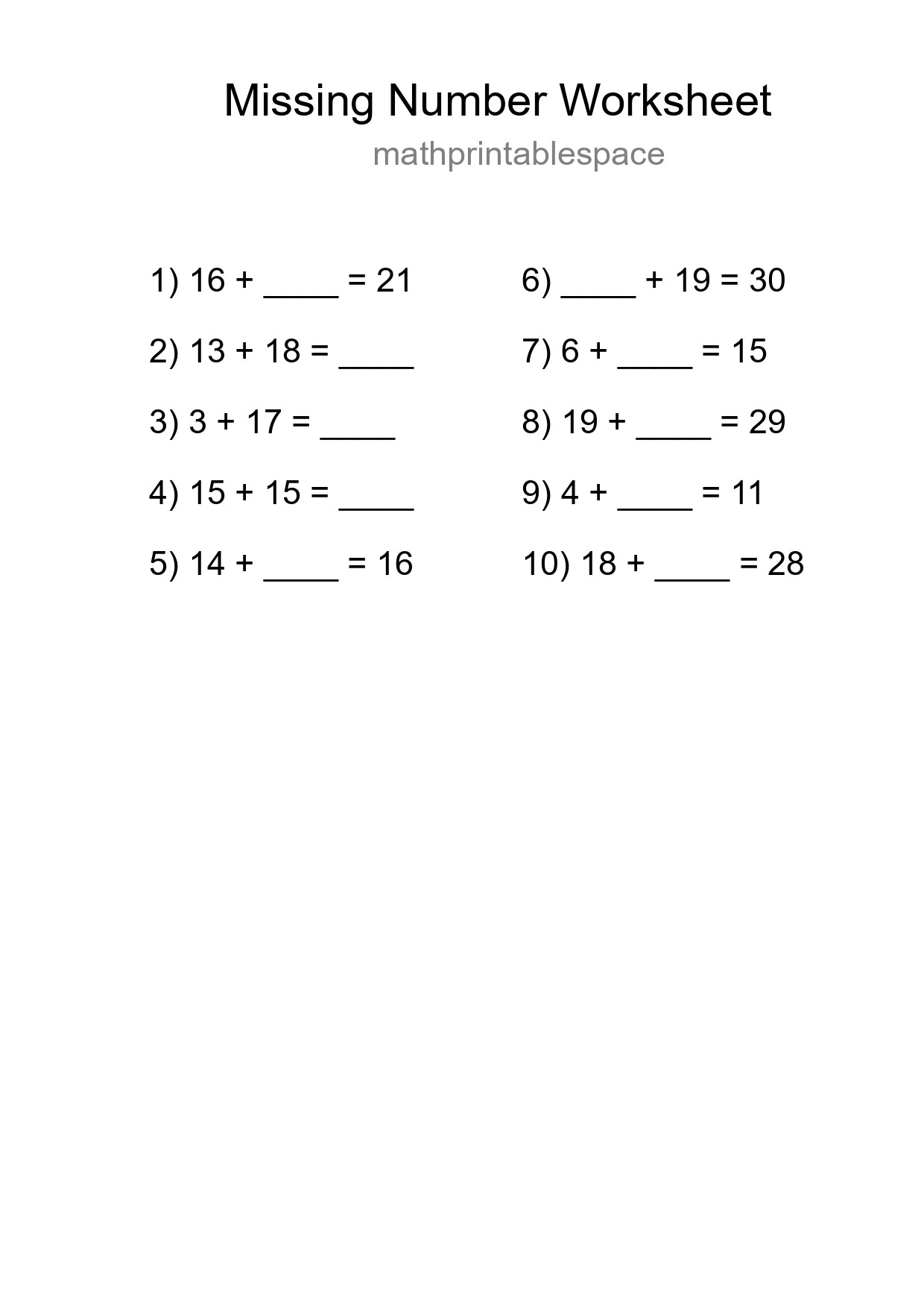 Missing Number Math Worksheet