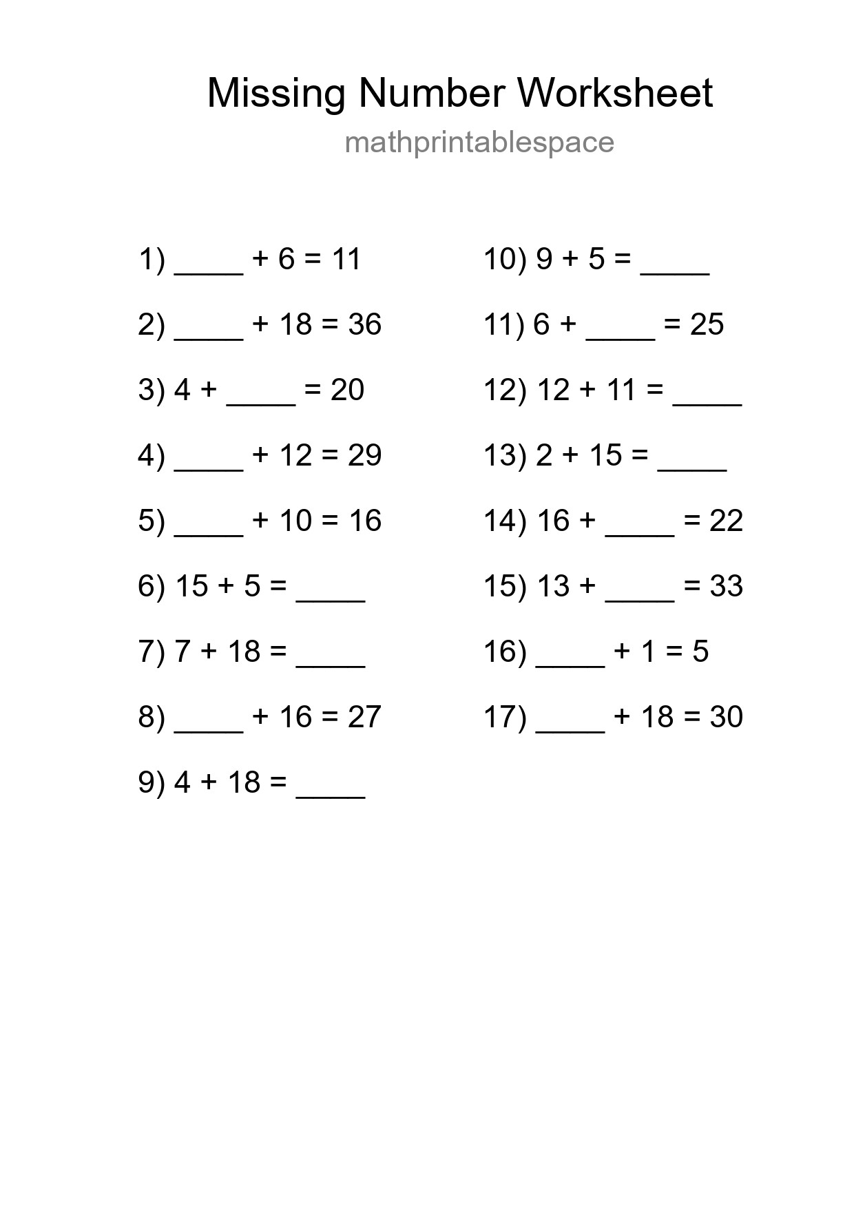 Missing Number Math Worksheet
