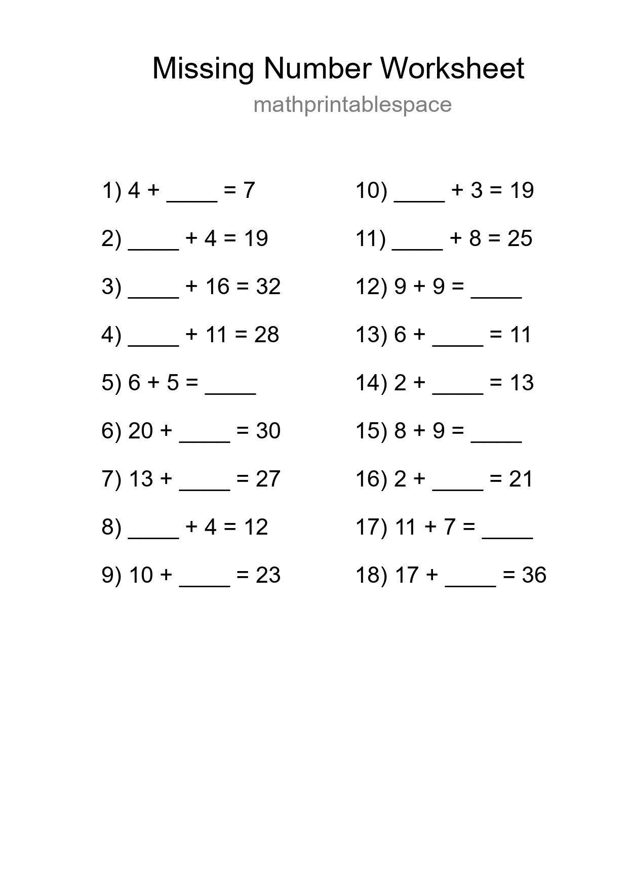Missing Number Math Worksheet