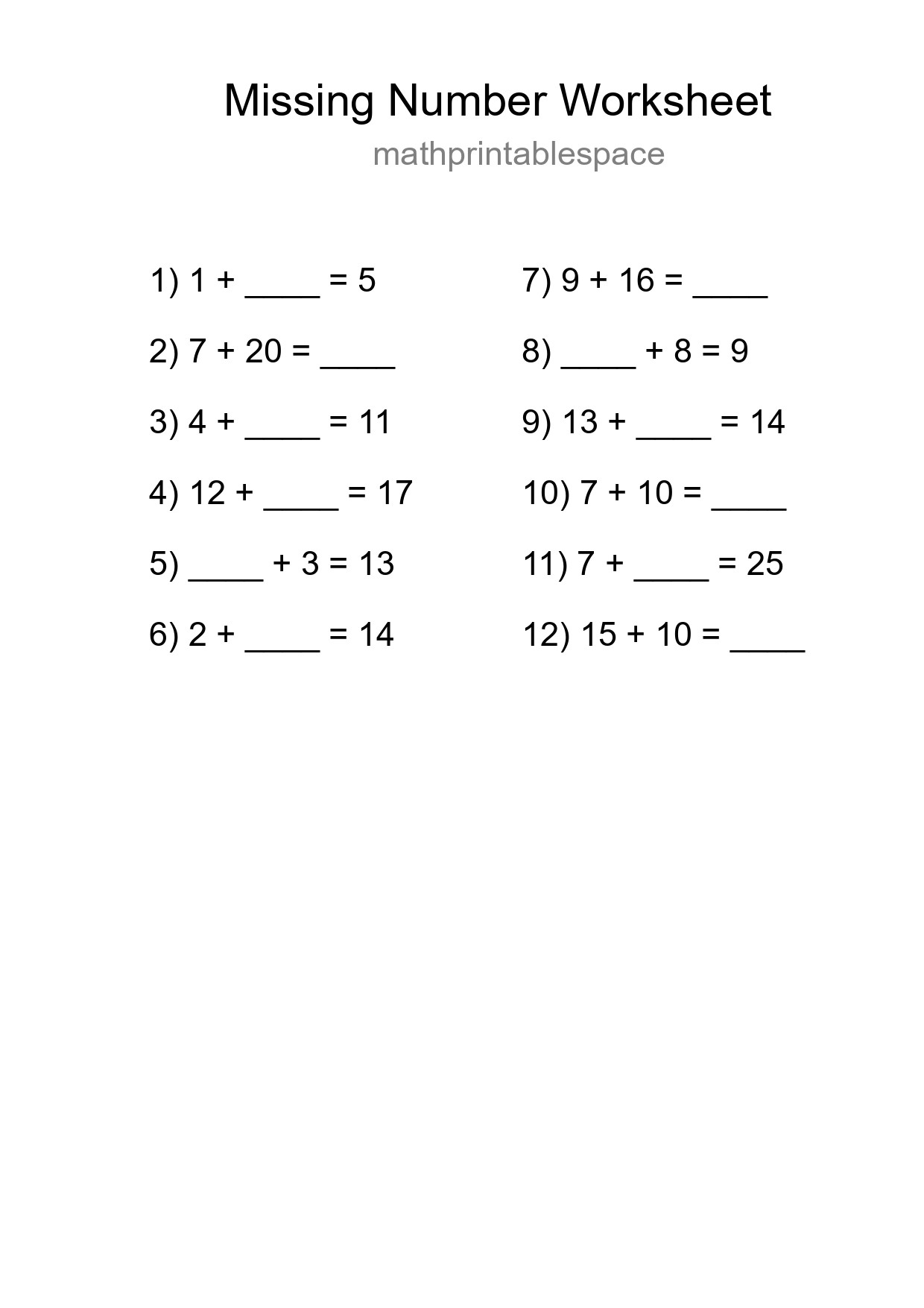 Missing Number Math Worksheet