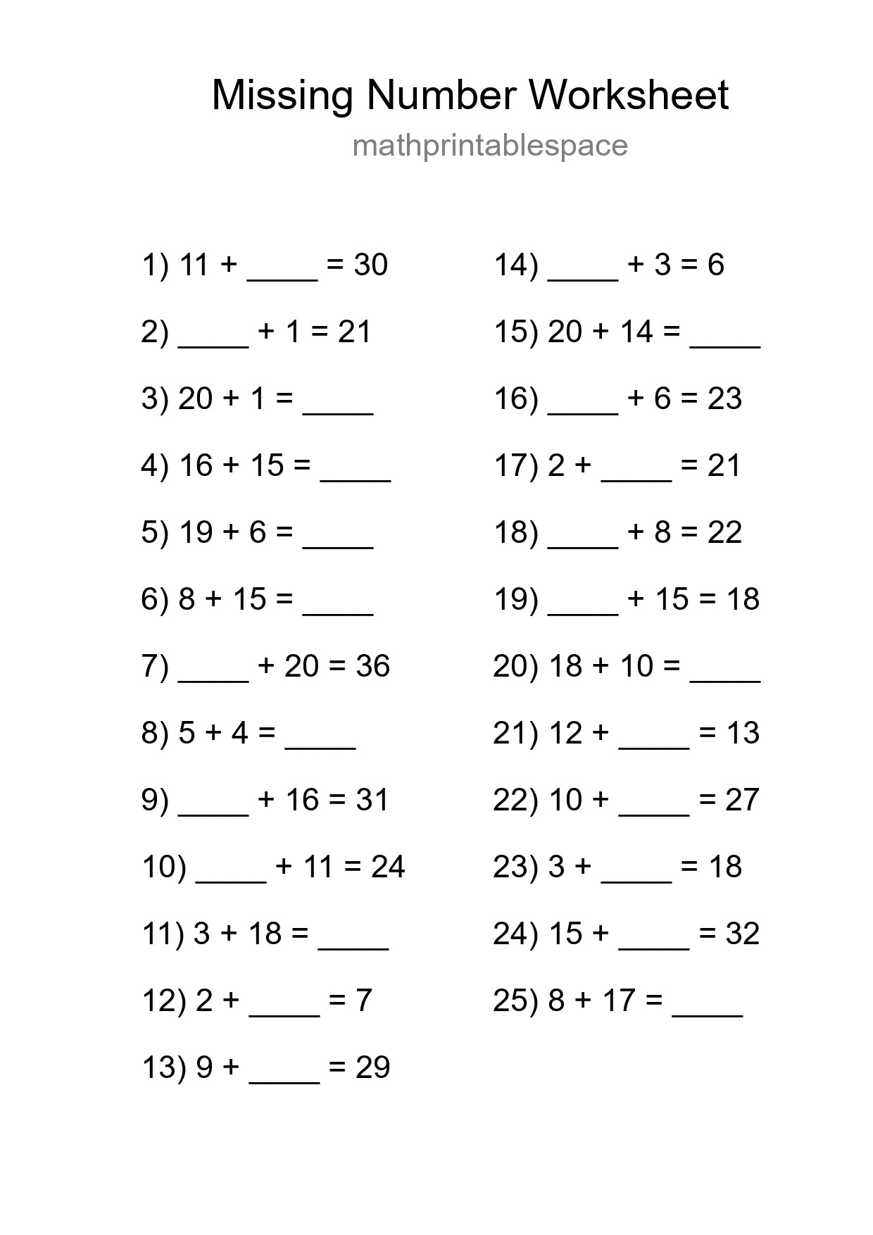 Missing Number Math Worksheet