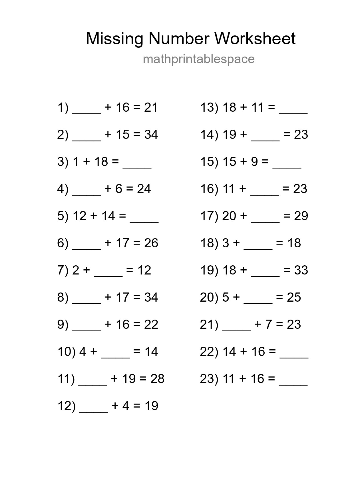 Missing Number Math Worksheet