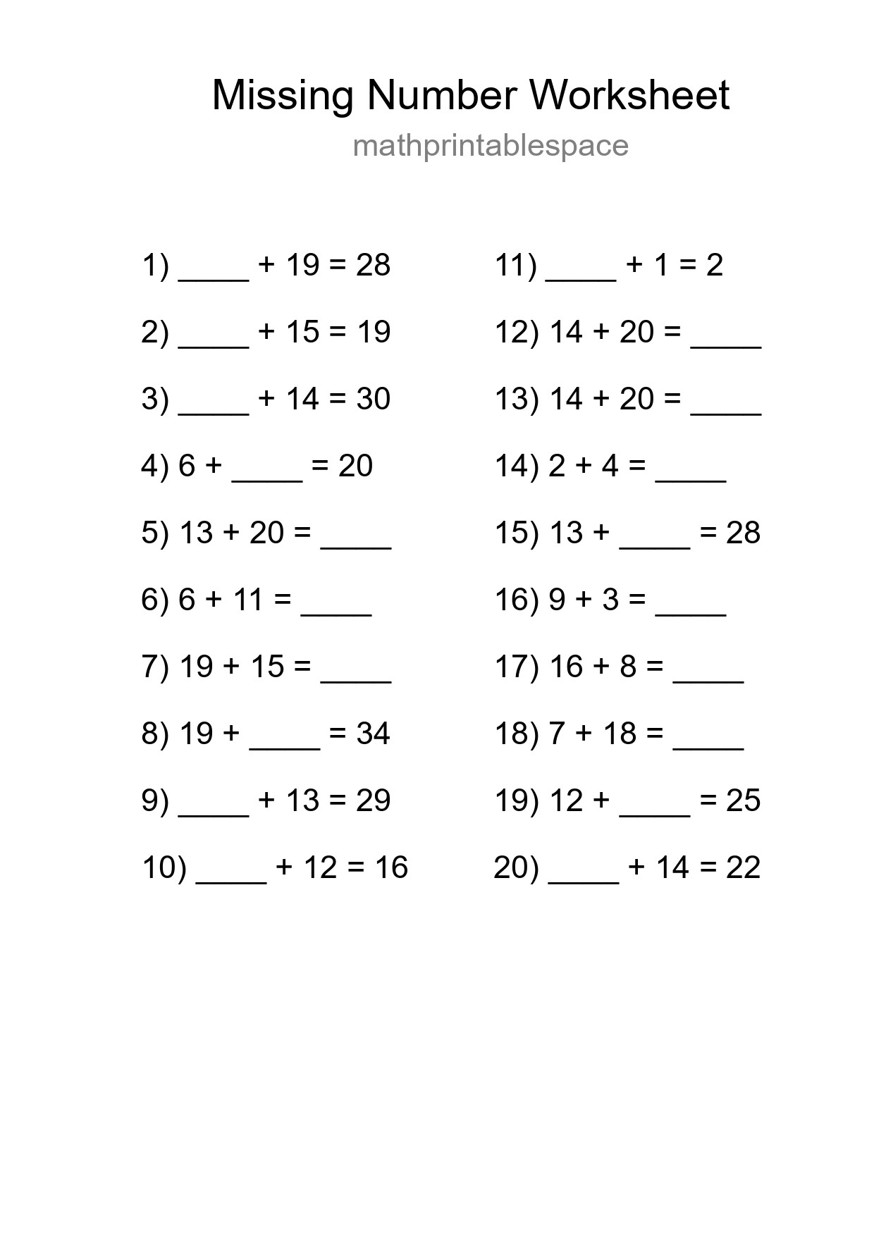 Missing Number Math Worksheet
