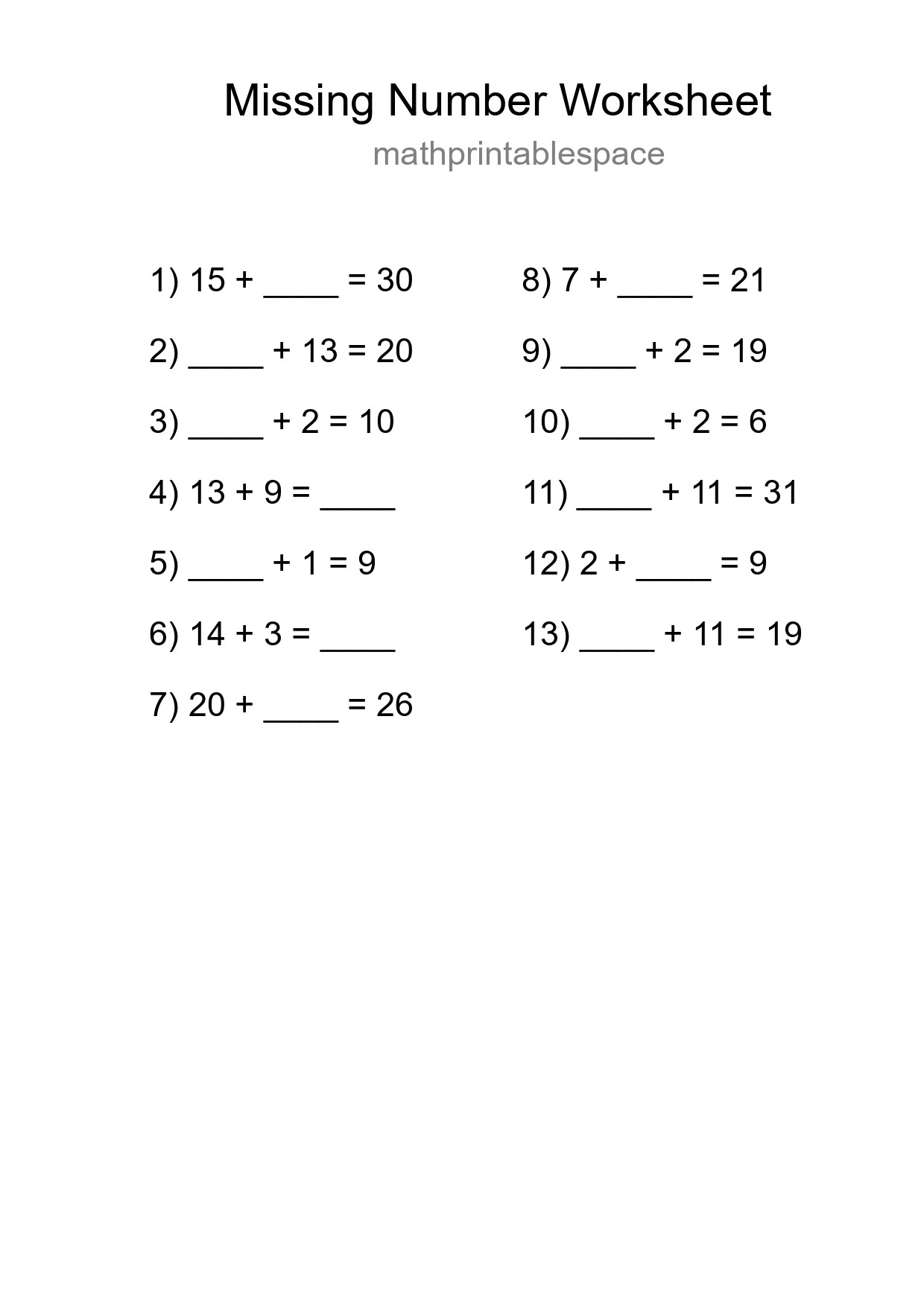 Missing Number Math Worksheet