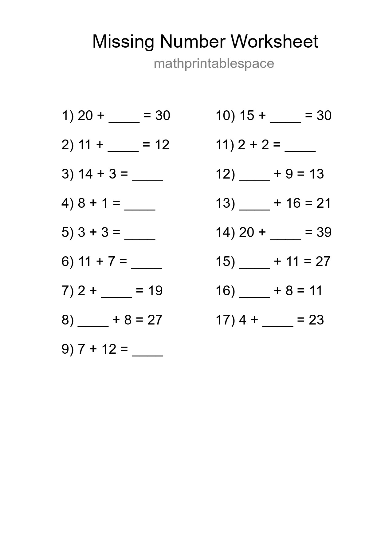 Missing Number Math Worksheet
