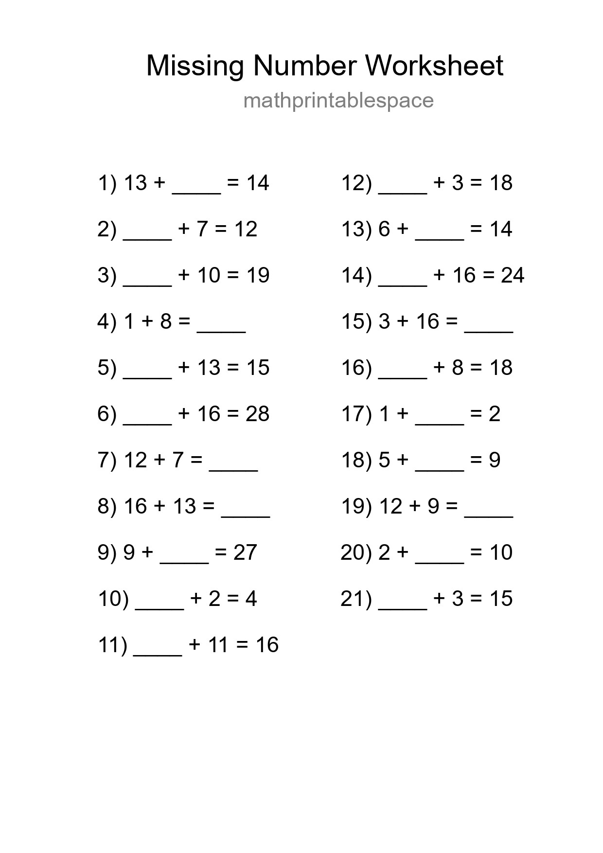 Missing Number Math Worksheet