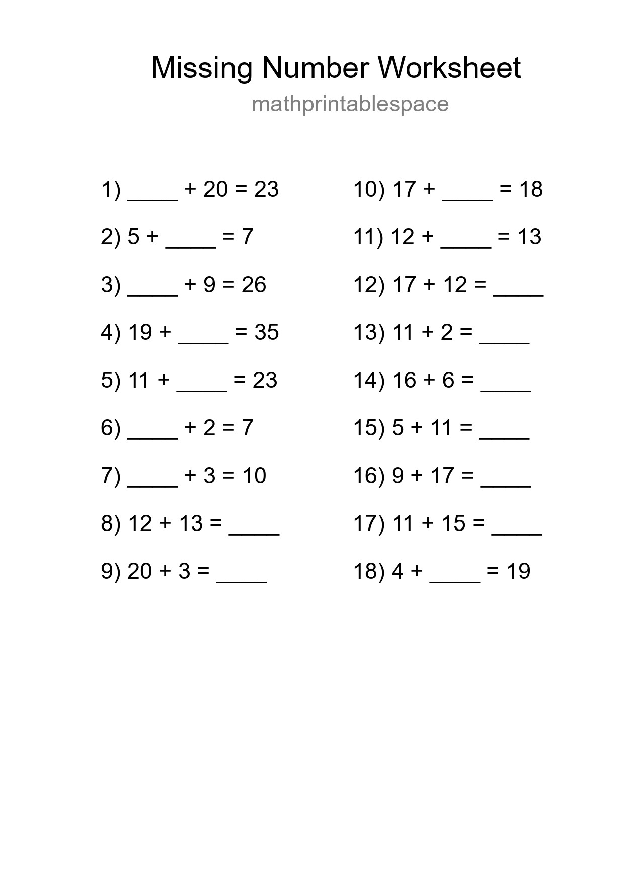 Missing Number Math Worksheet