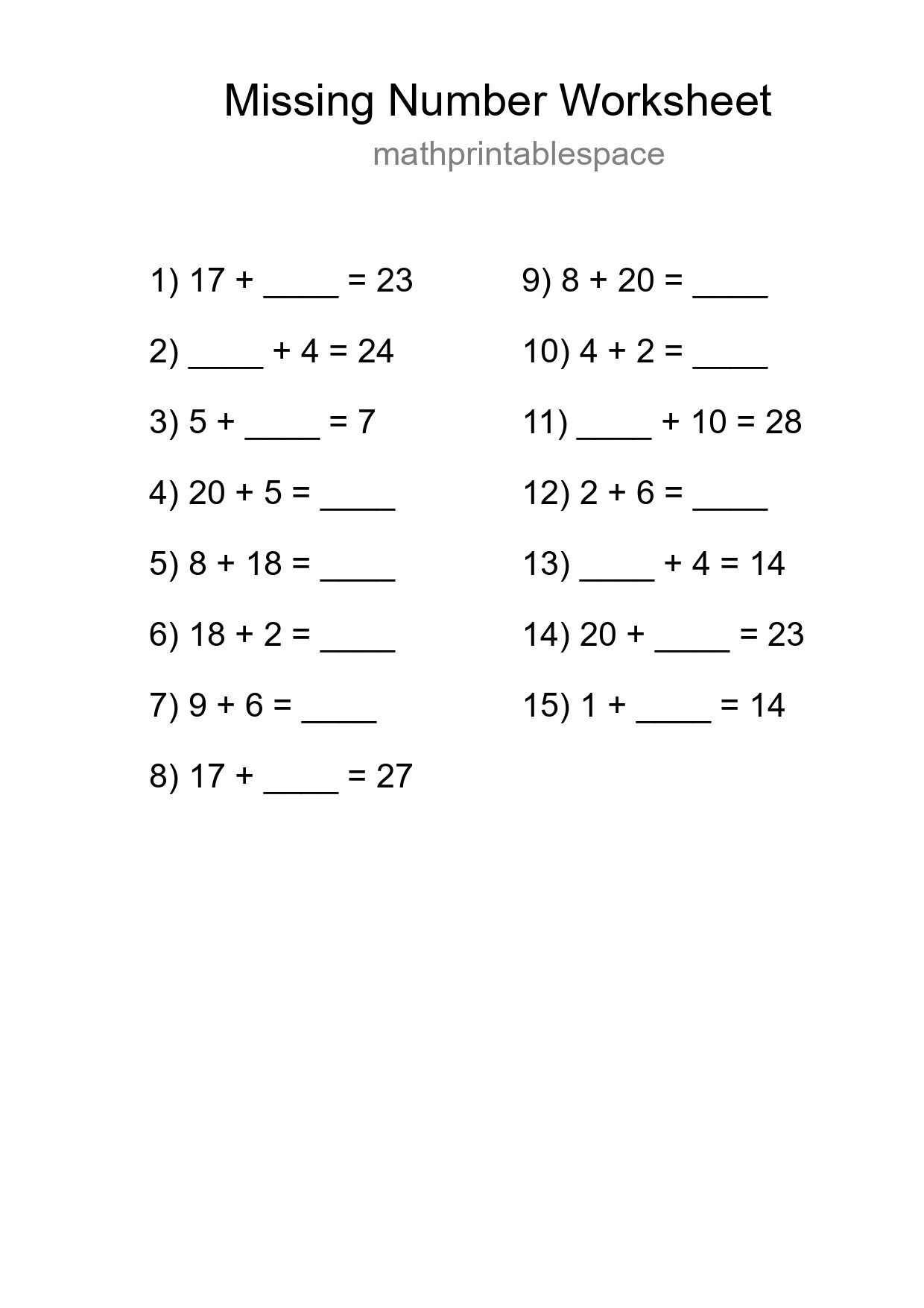 Missing Number Math Worksheet
