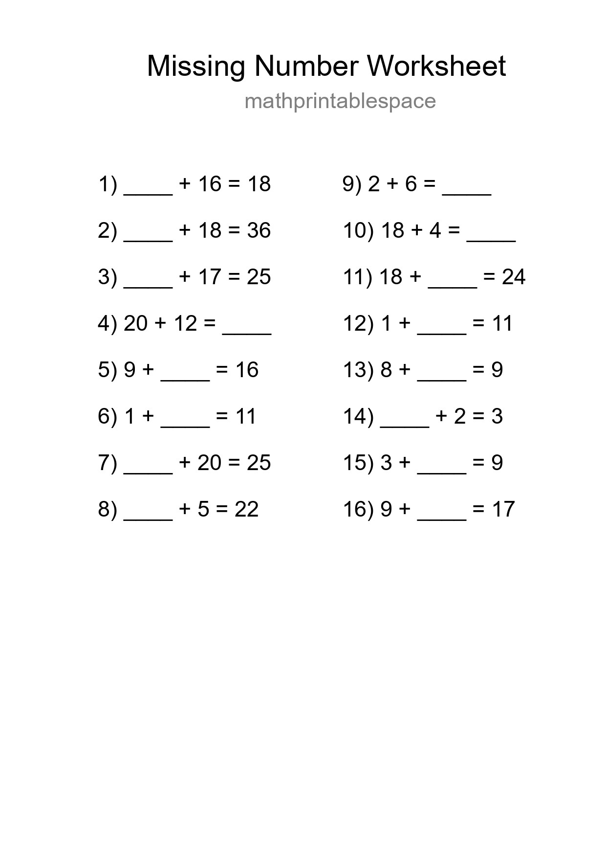 Missing Number Math Worksheet