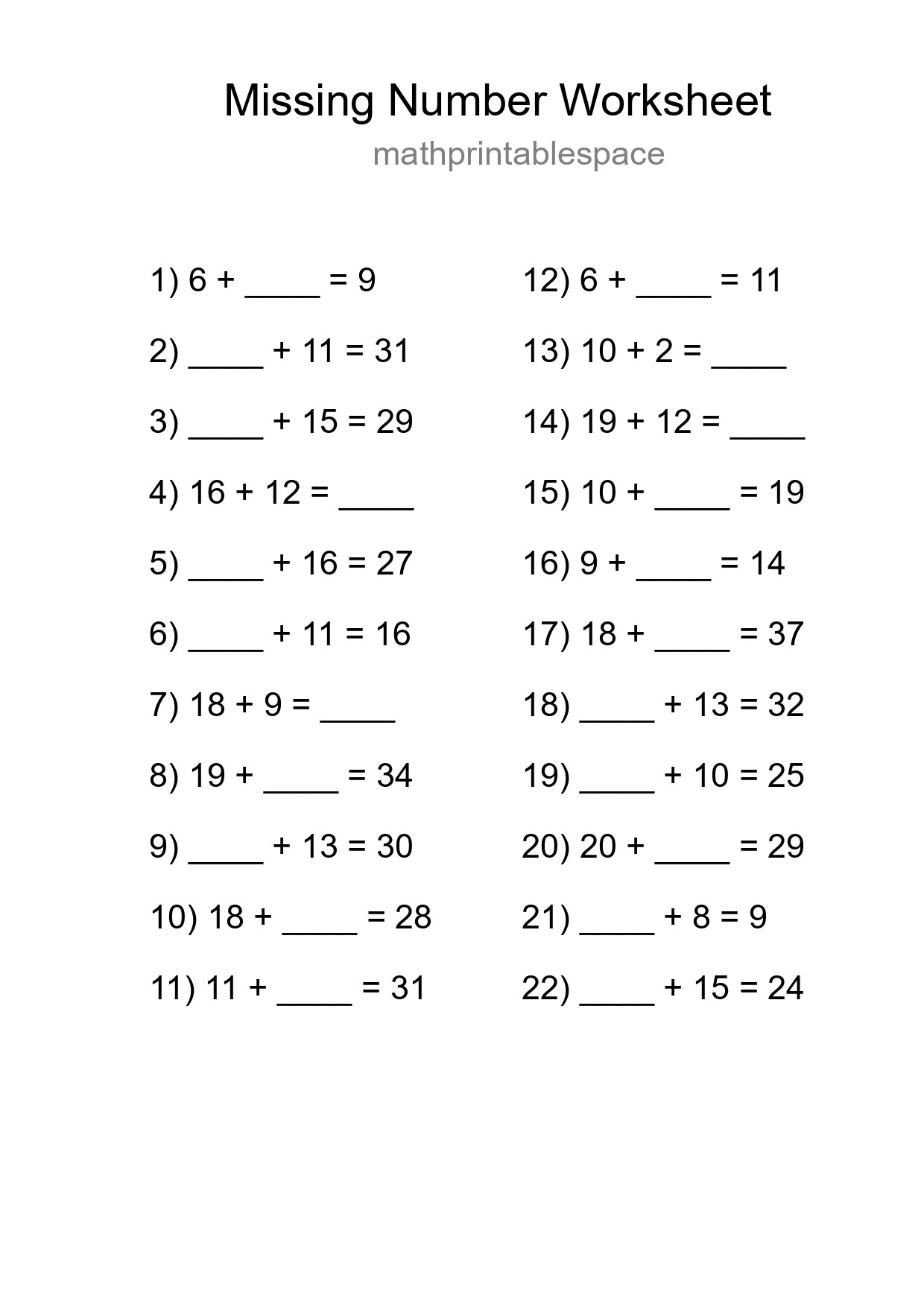 Missing Number Math Worksheet