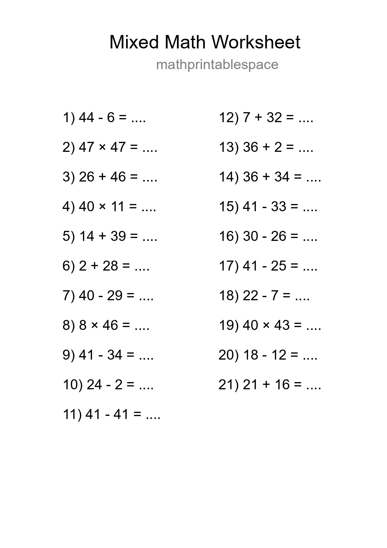 Mixed Operations Math Worksheet