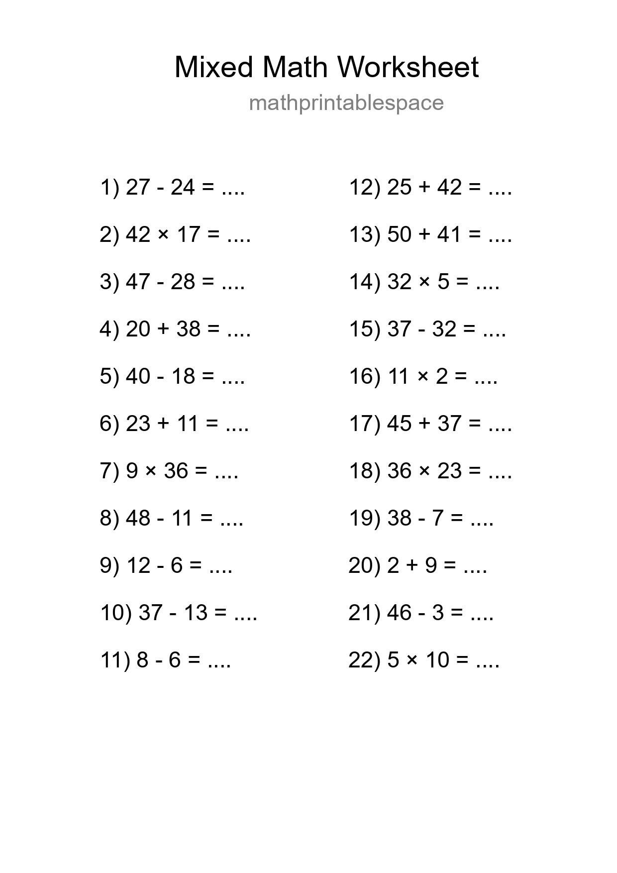 Mixed Operations Math Worksheet
