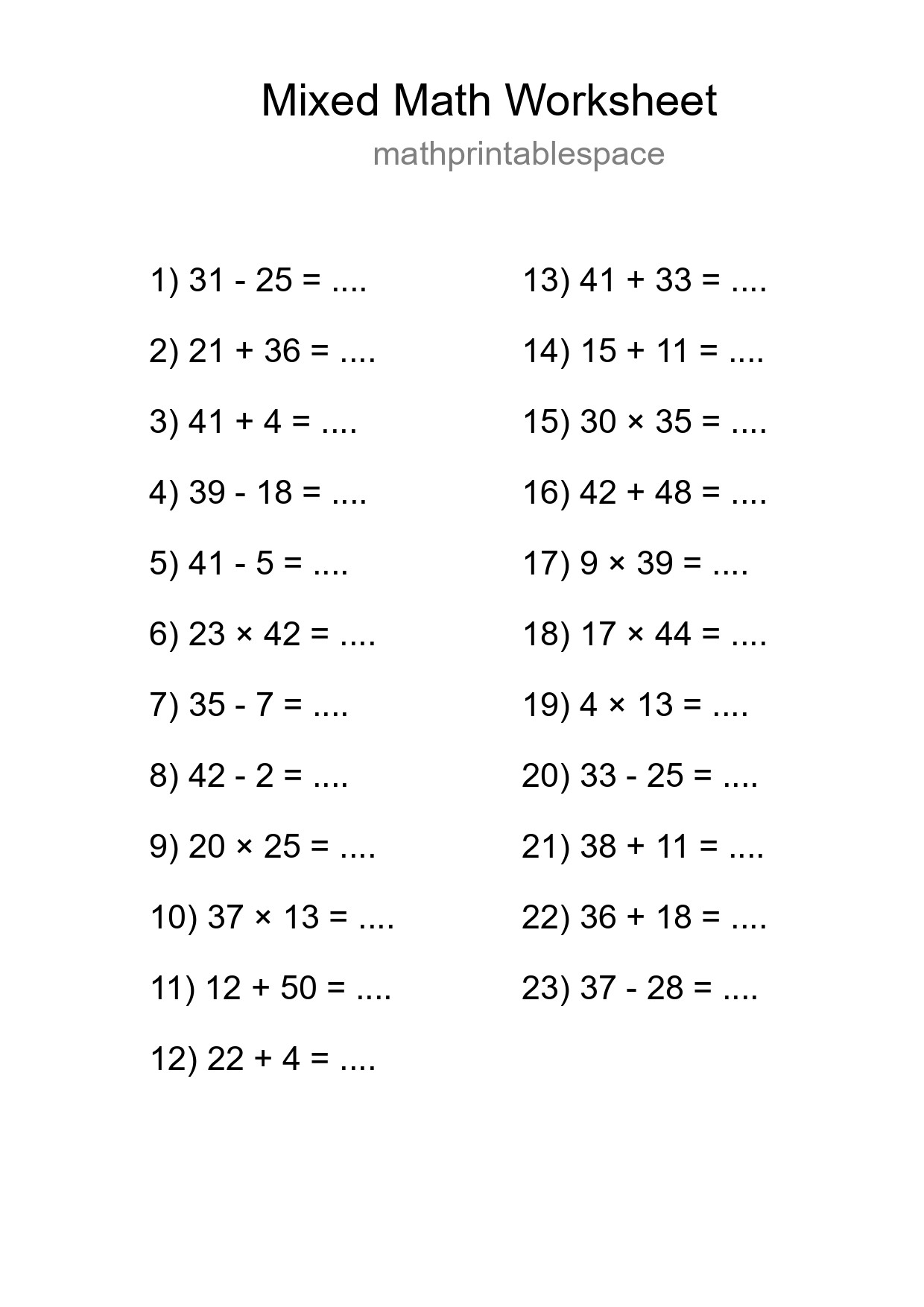 Mixed Operations Math Worksheet