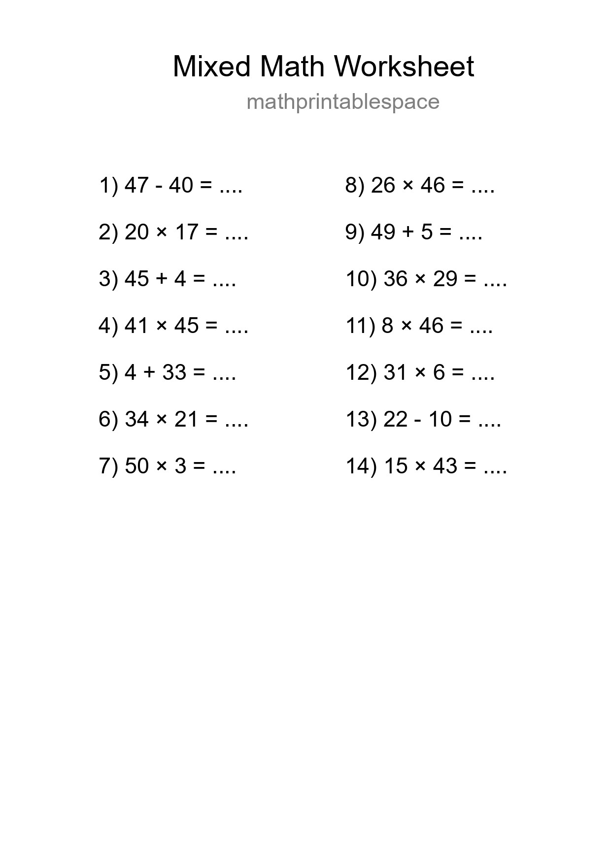 Mixed Operations Math Worksheet