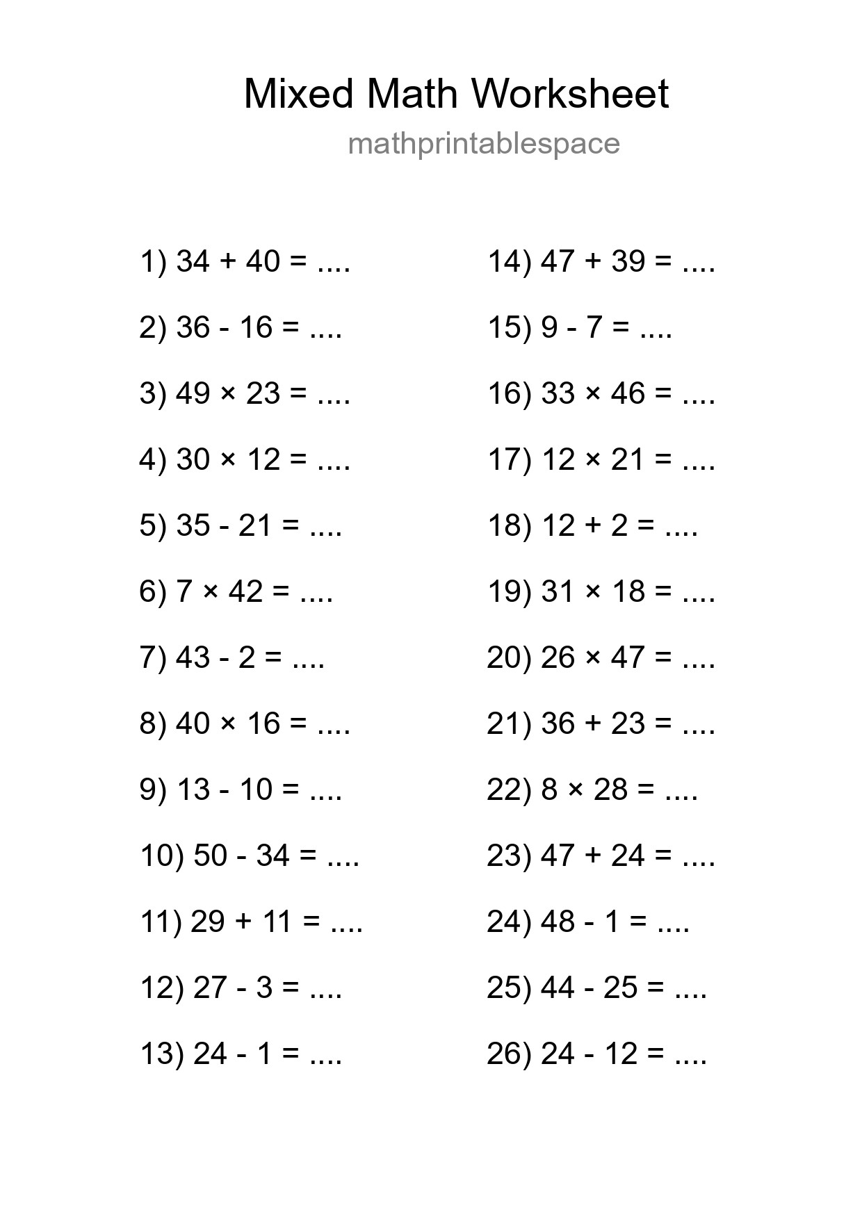 Mixed Operations Math Worksheet