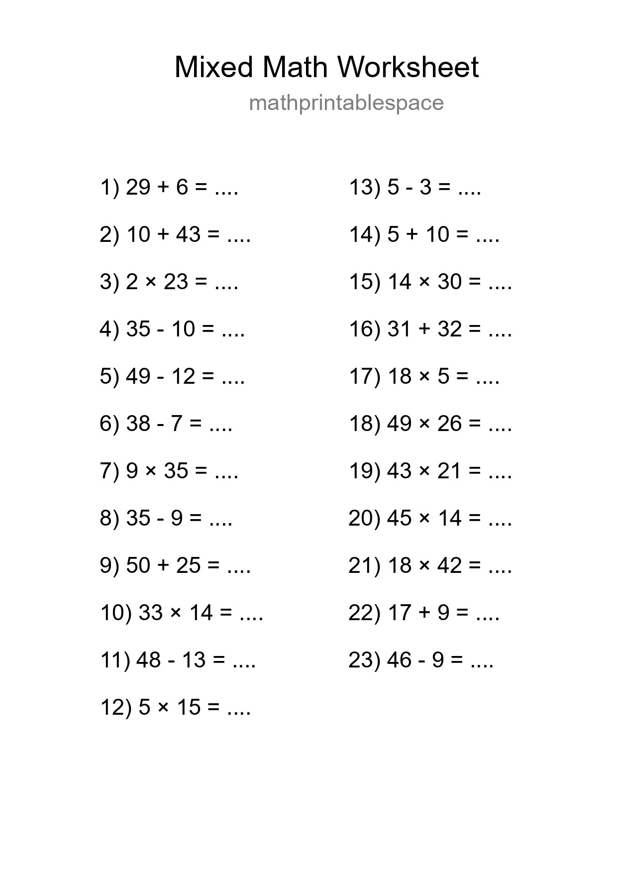Mixed Operations Math Worksheet