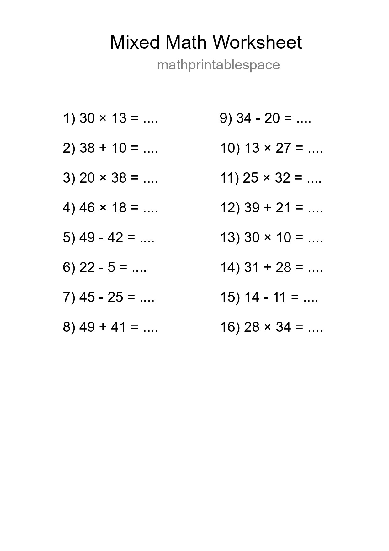 Mixed Operations Math Worksheet