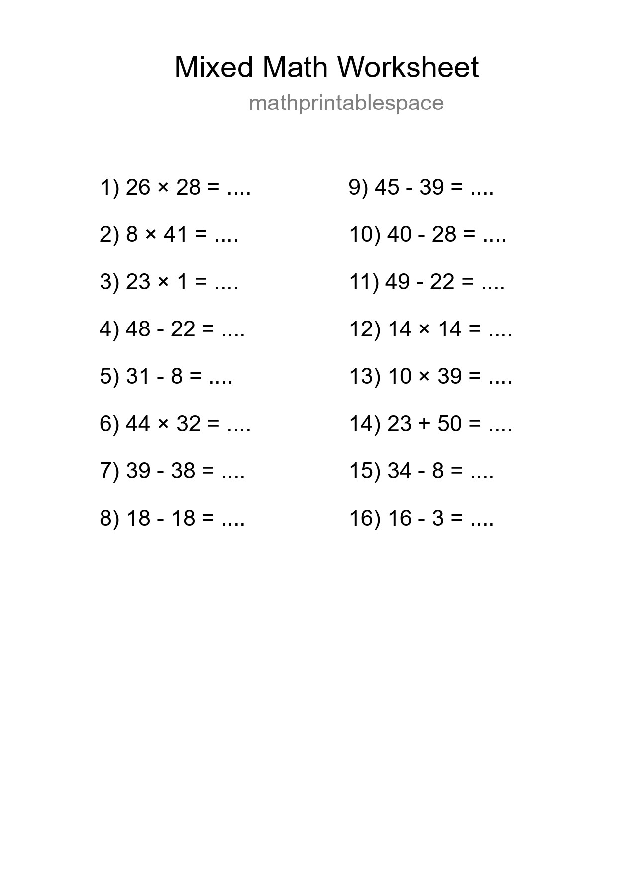 Mixed Operations Math Worksheet