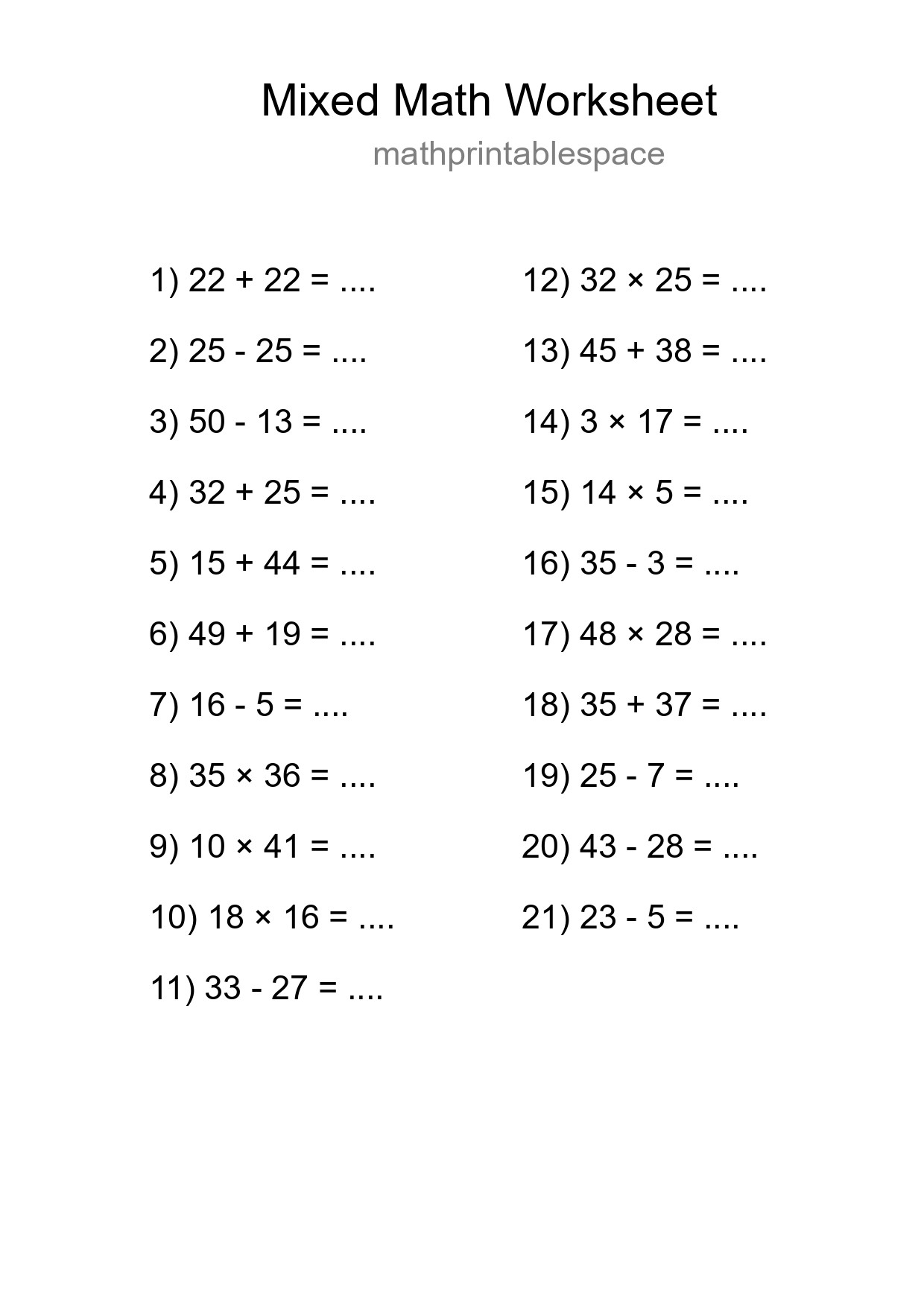 Mixed Operations Math Worksheet