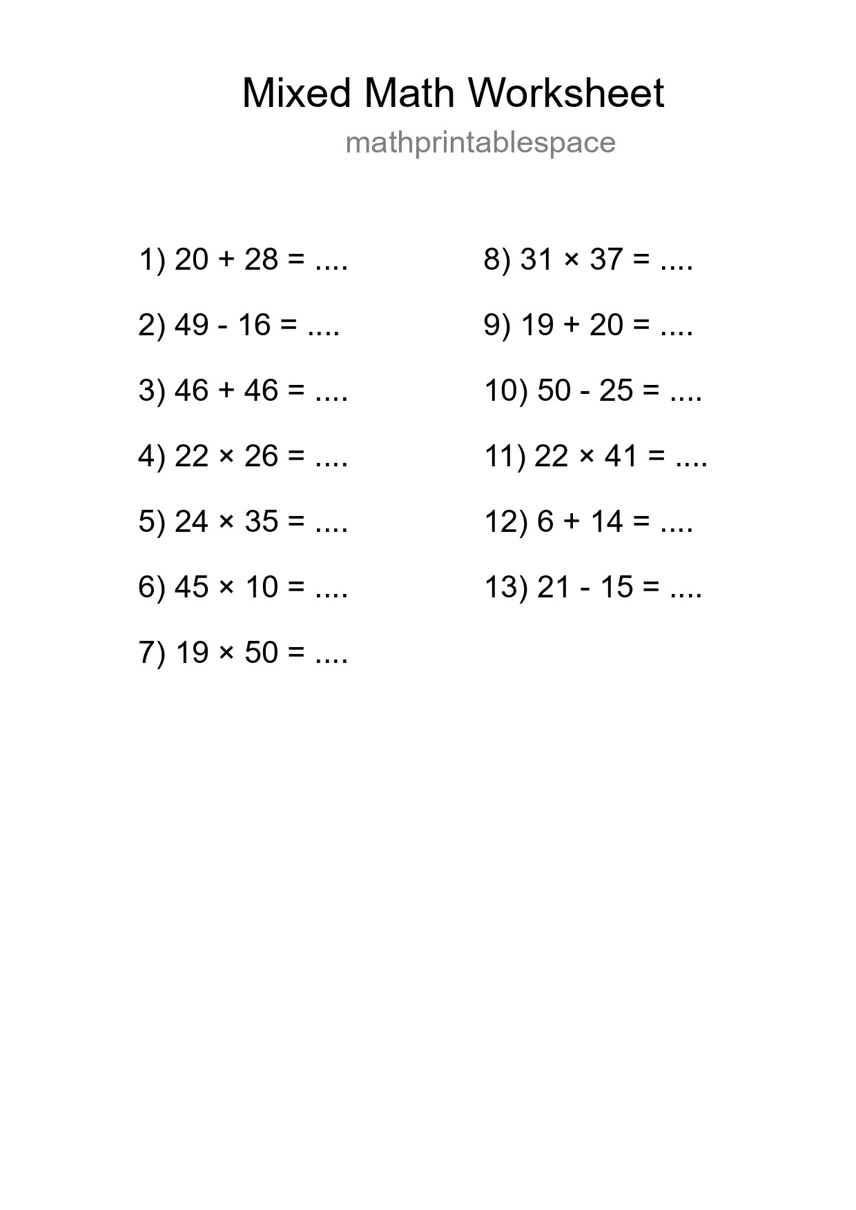 Mixed Operations Math Worksheet