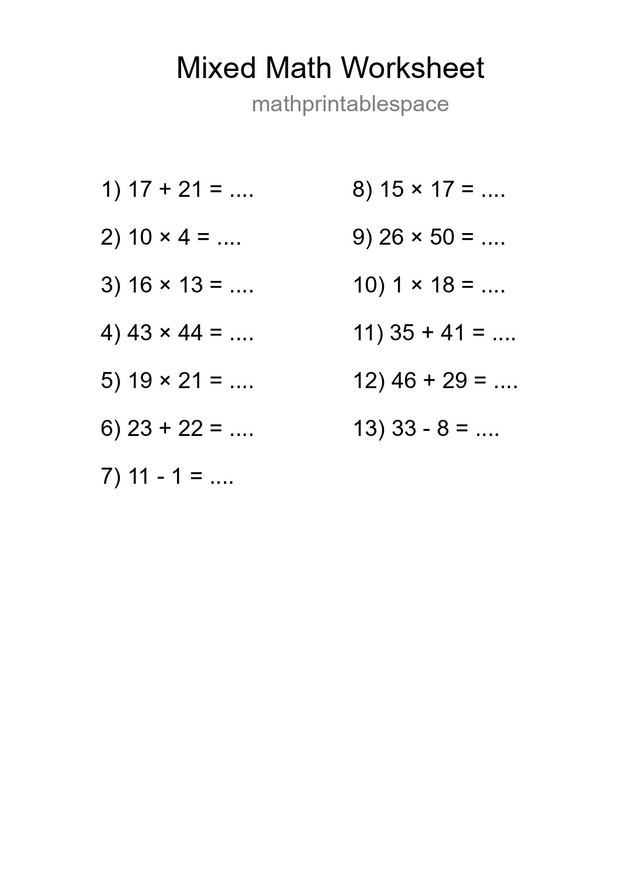 Mixed Operations Math Worksheet