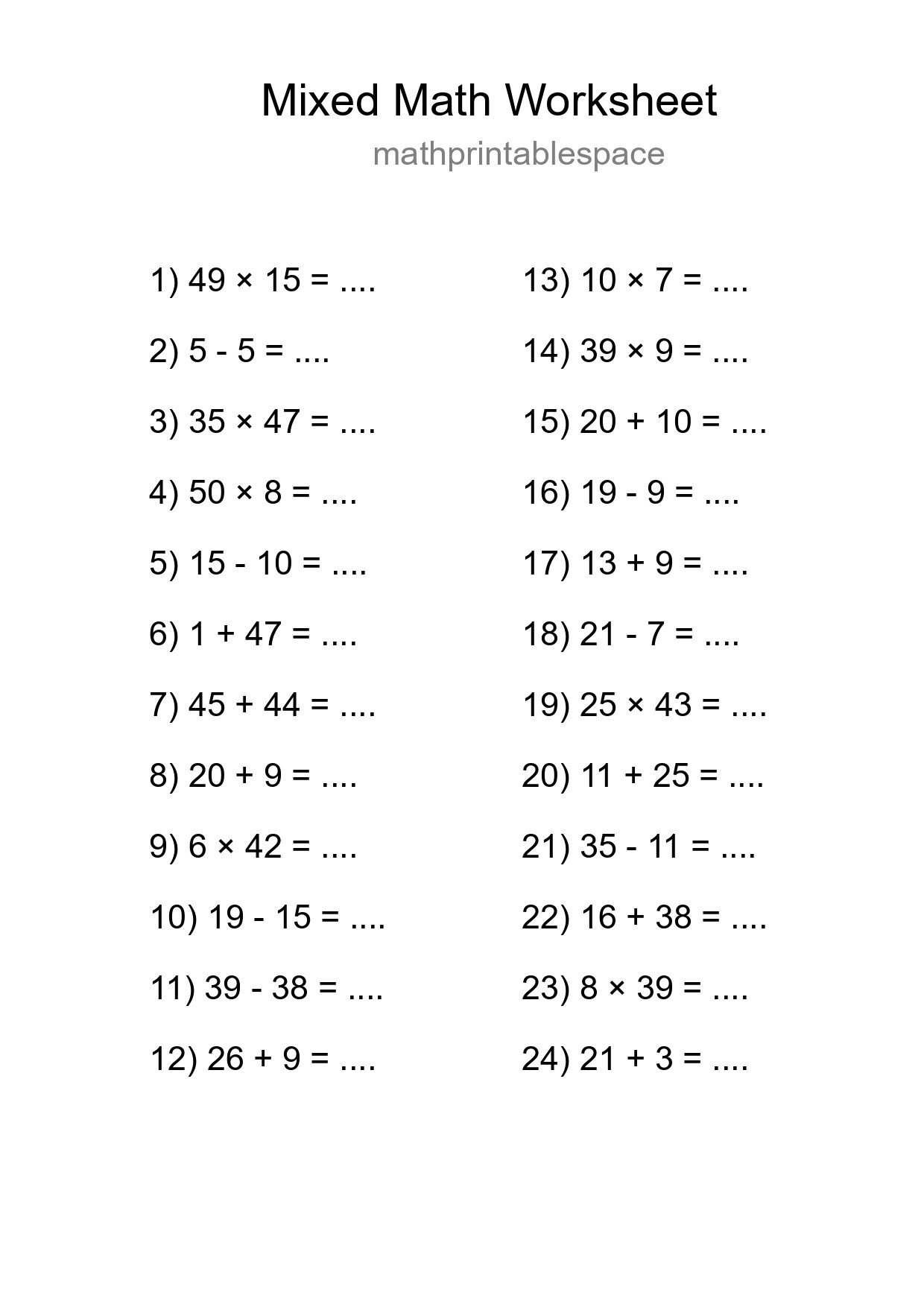 Mixed Operations Math Worksheet