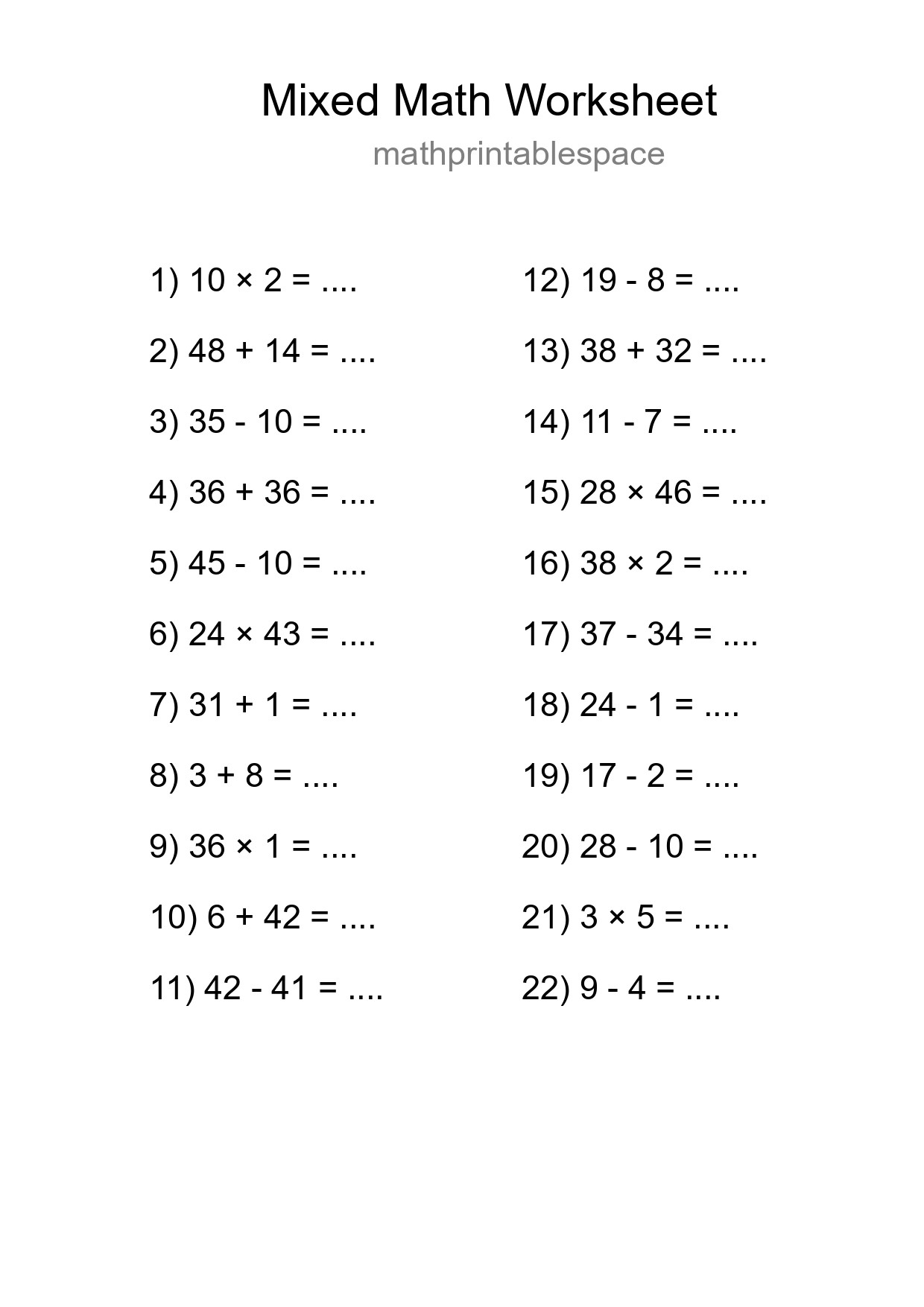 Mixed Operations Math Worksheet