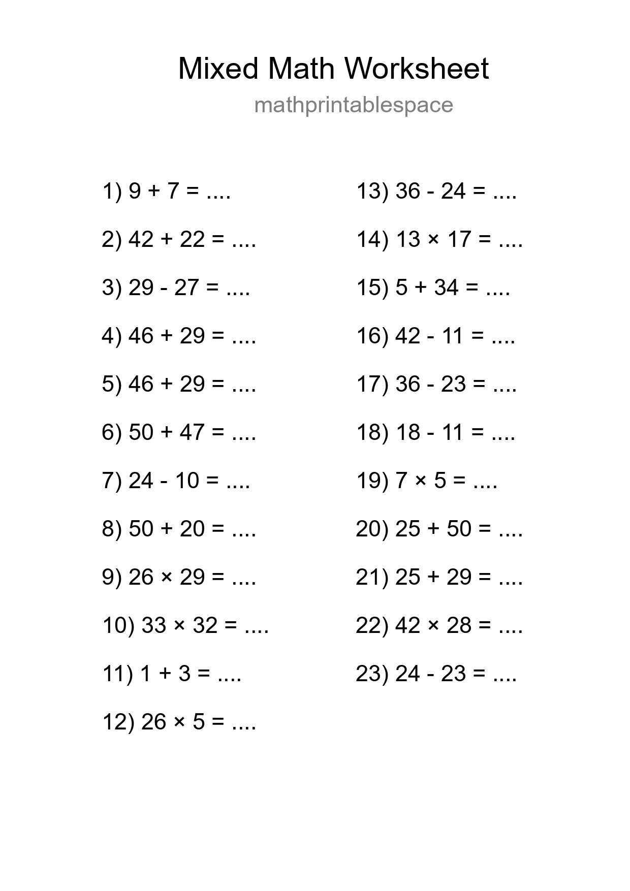 Mixed Operations Math Worksheet