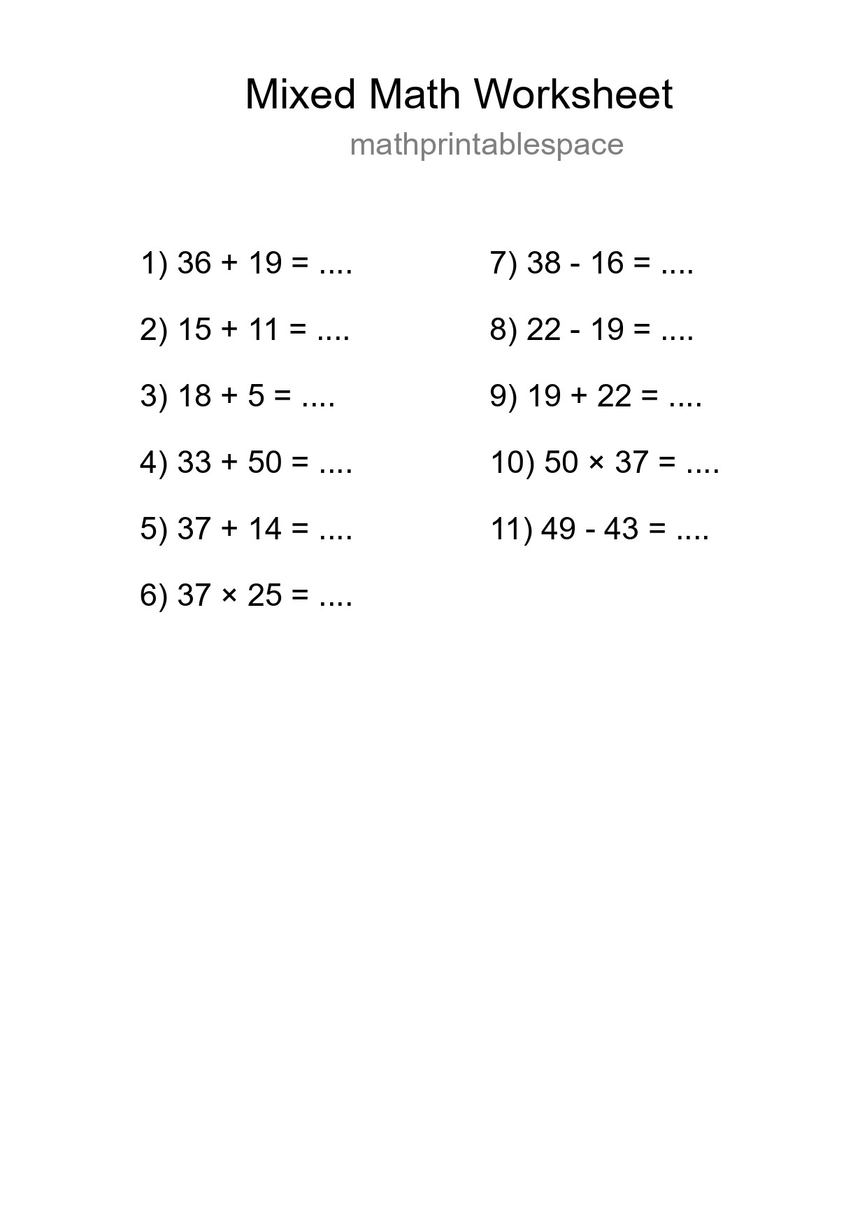 Mixed Operations Math Worksheet