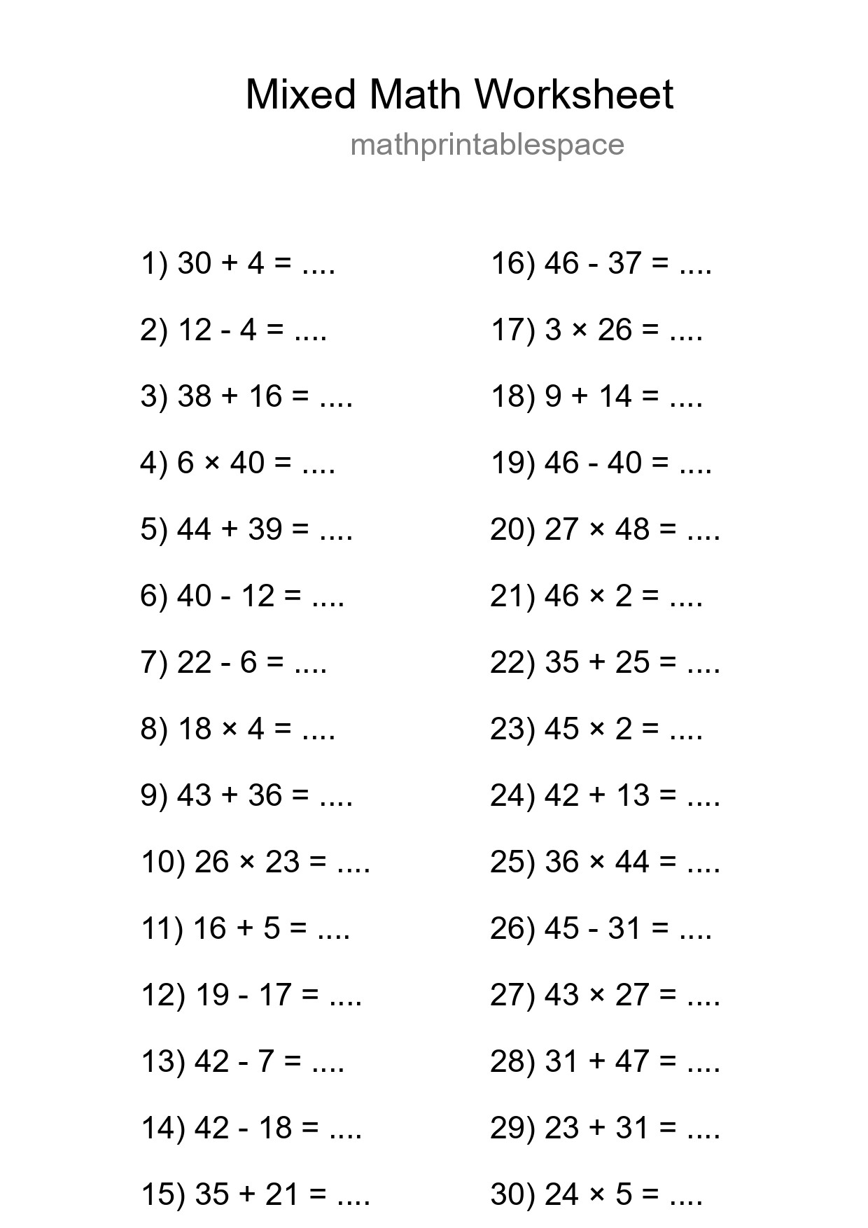 Mixed Operations Math Worksheet