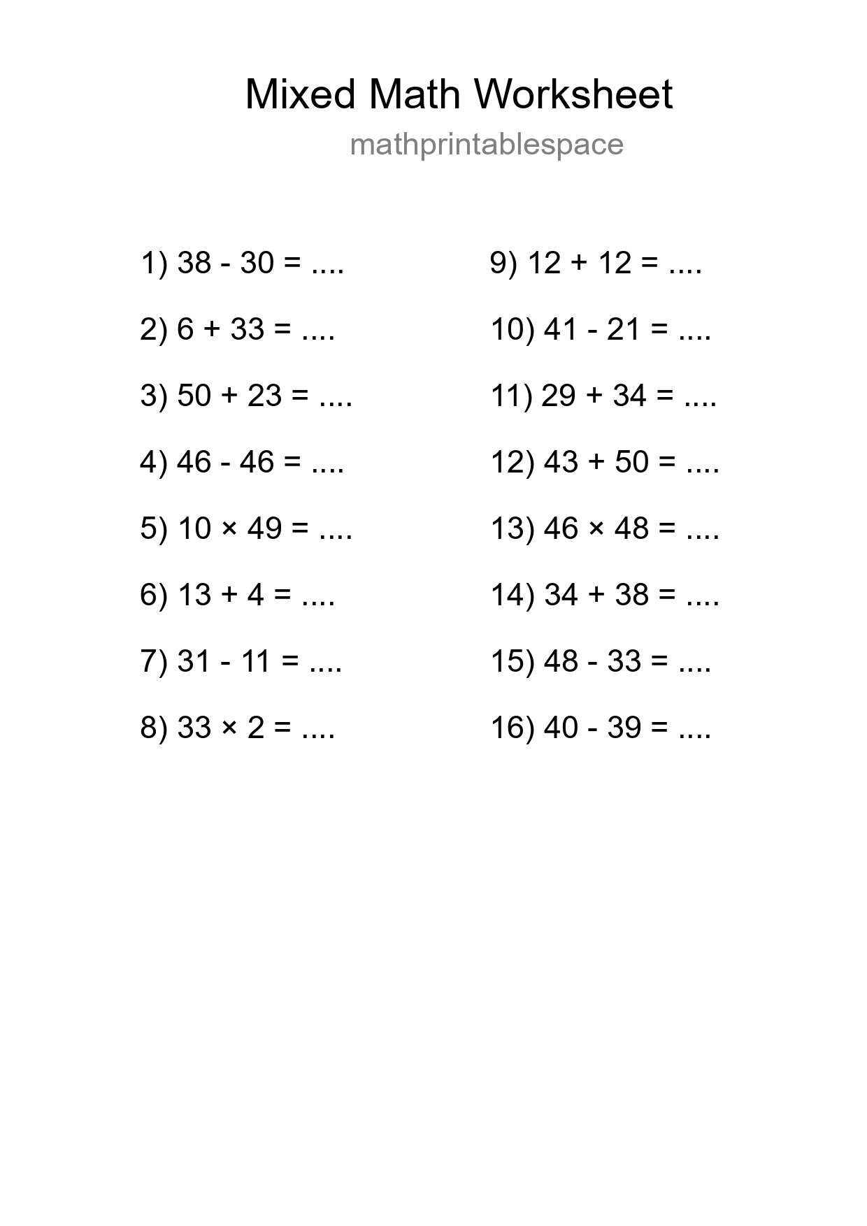 Mixed Operations Math Worksheet