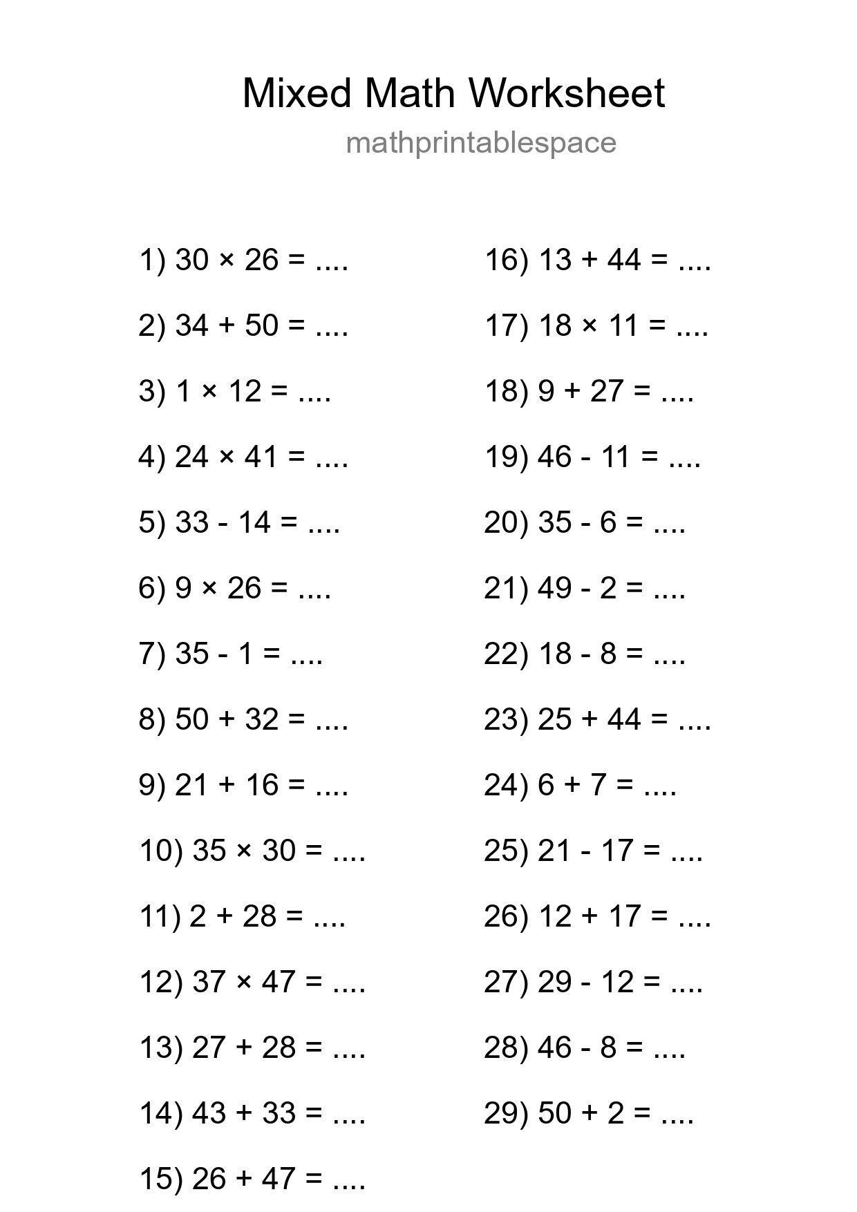 Mixed Operations Math Worksheet