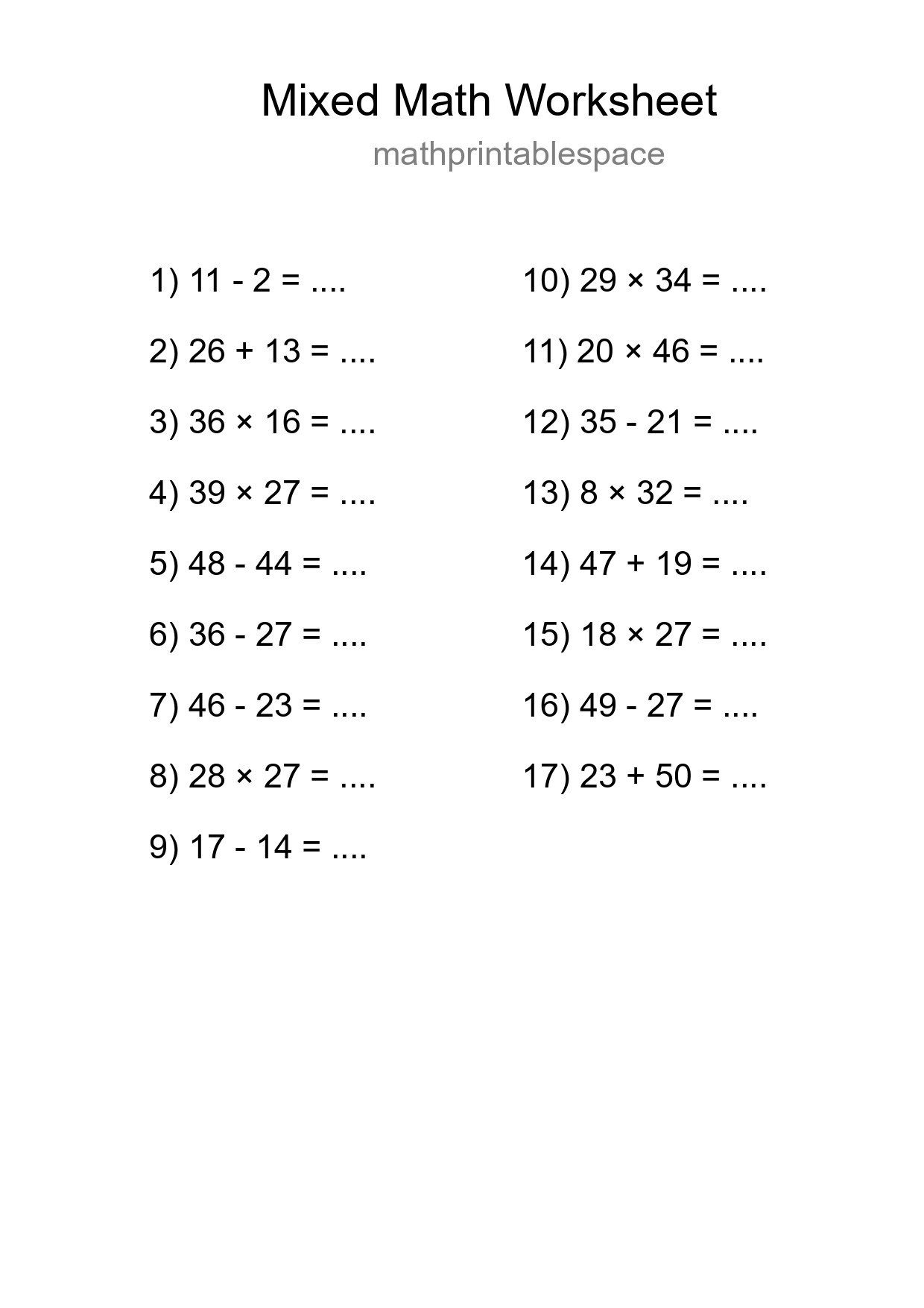 Mixed Operations Math Worksheet