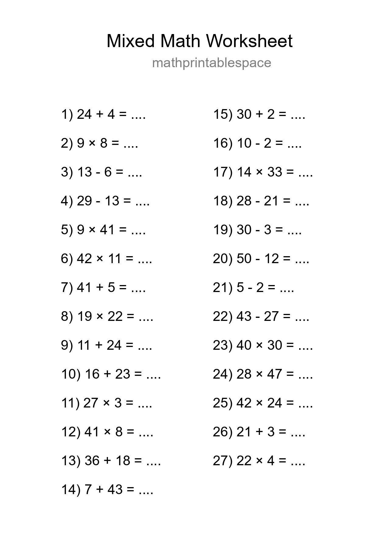Mixed Operations Math Worksheet