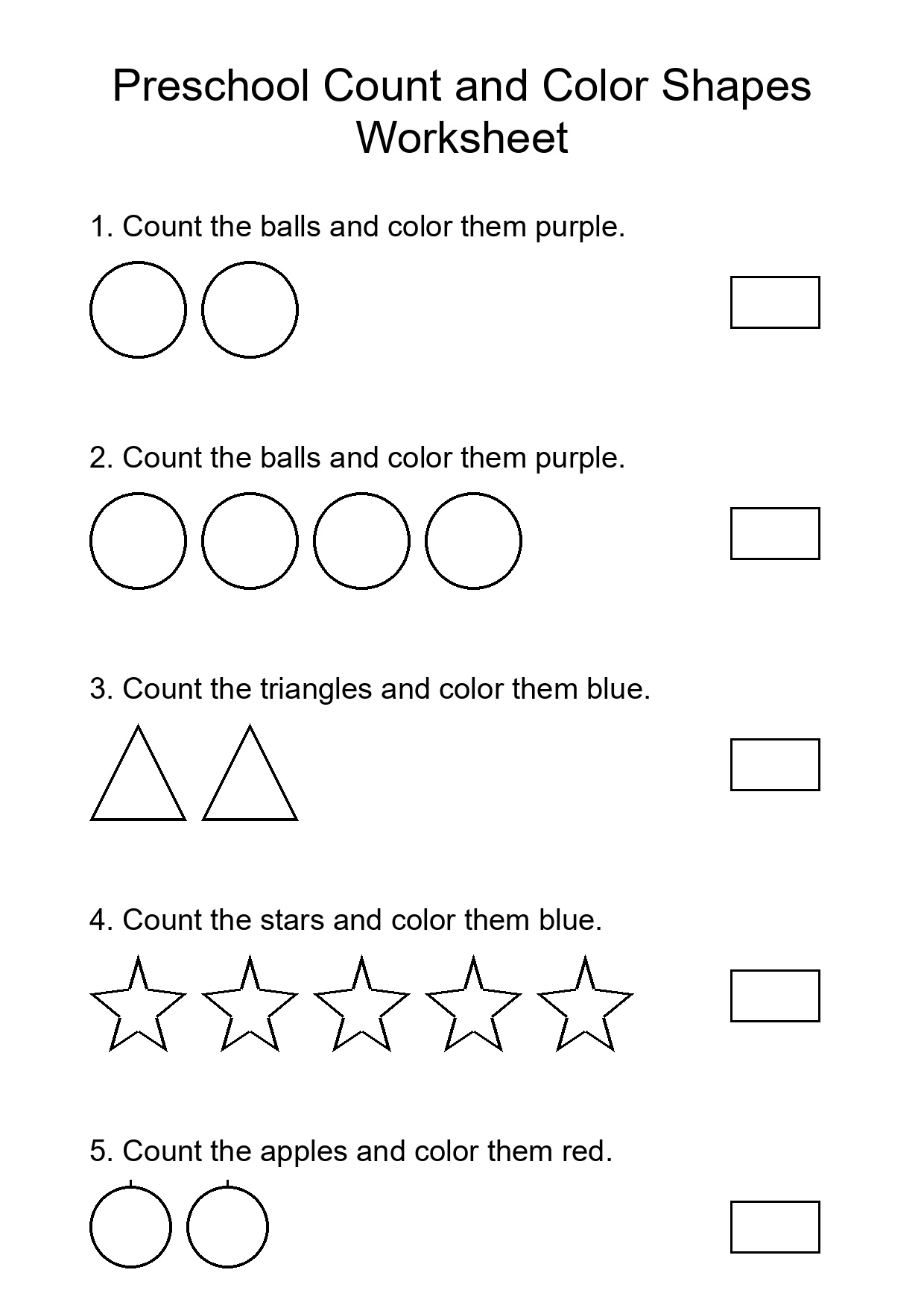 Preschool Count and Color Shapes Worksheet