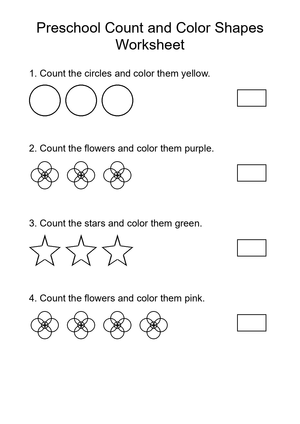 Preschool Count and Color Shapes Worksheet